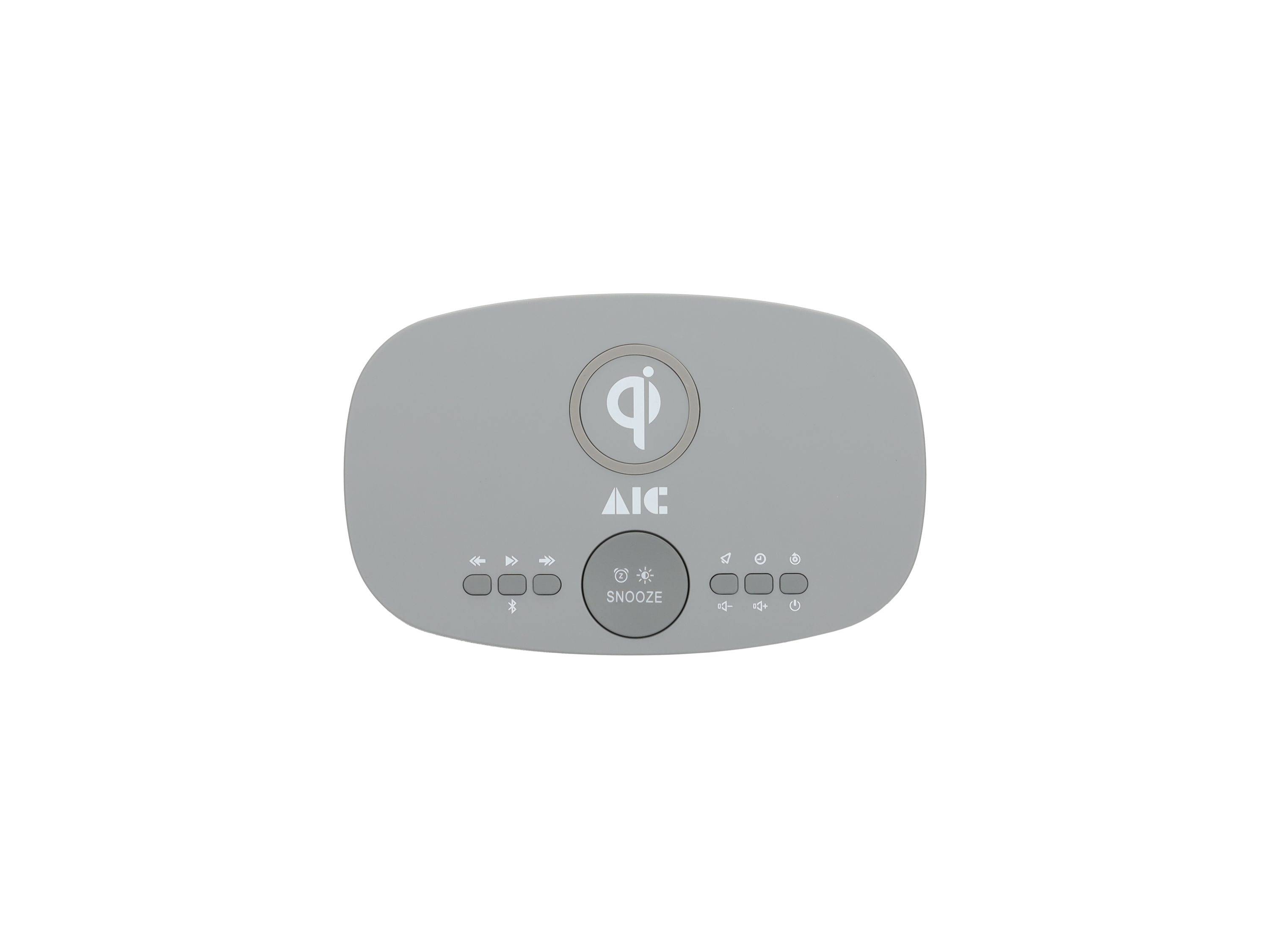 Grauer AIC-Wecker oder Soundmaschine mit großer zentraler SNOOZE-Taste und kleinen Steuertasten darunter.