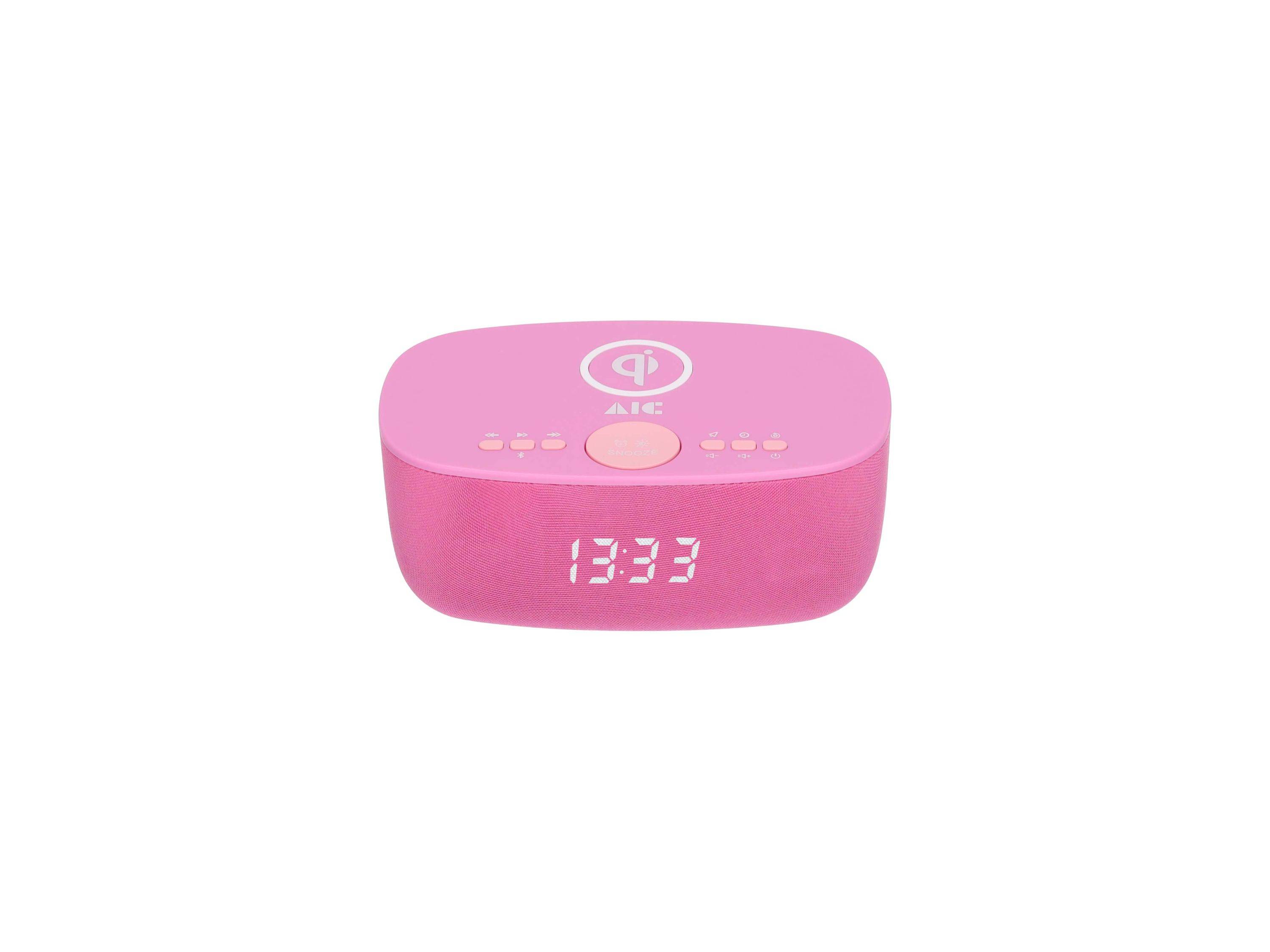 Rosa tragbarer Bluetooth-Lautsprecher mit digitaler Anzeige, die 13:33 anzeigt, und Bedienungstasten oben.