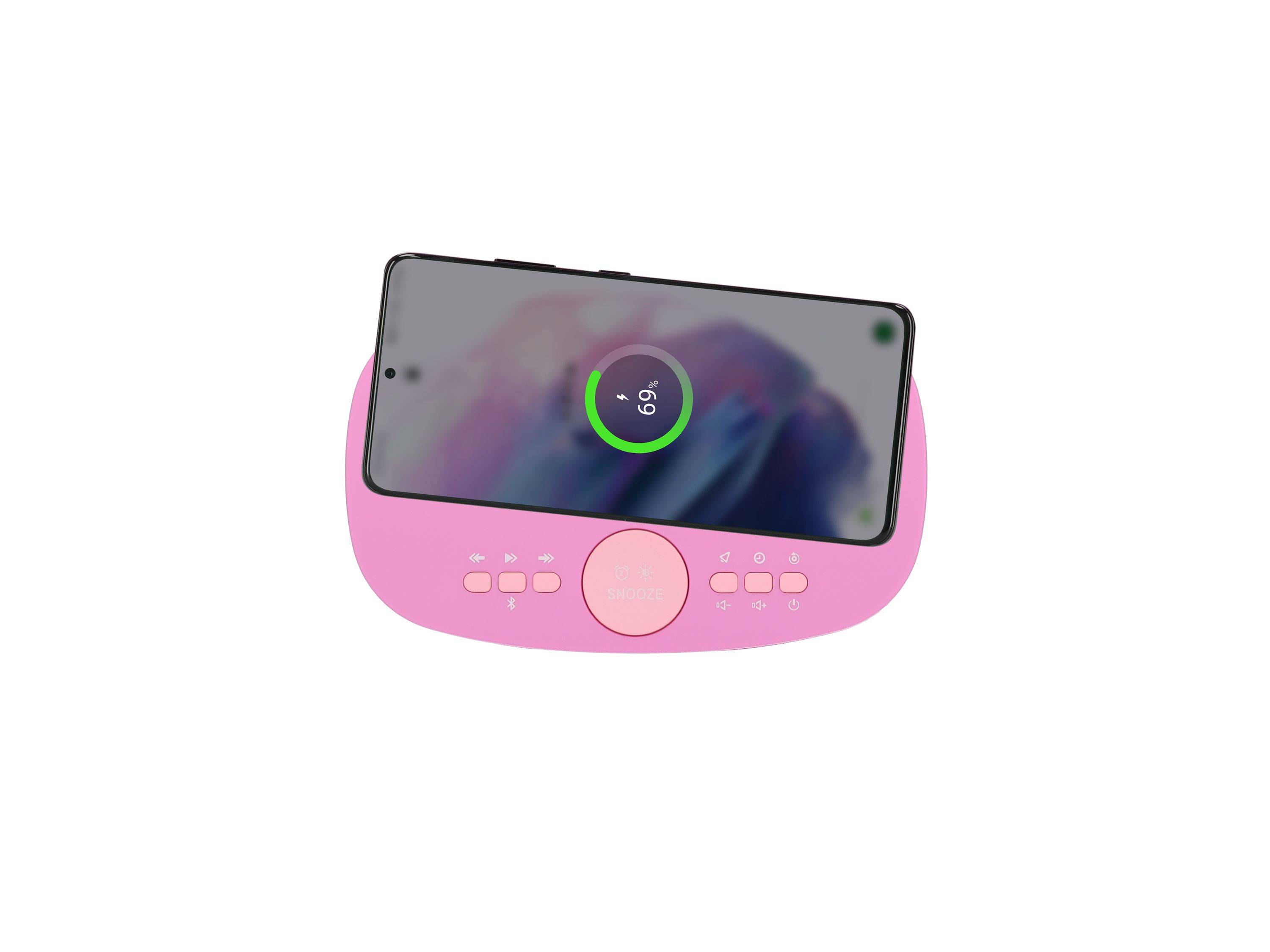 Rosa tragbares Gerät mit großem Touchscreen, das einen Batteriestands-Indikator von 69% anzeigt, sowie kleine Steuertasten darunter.