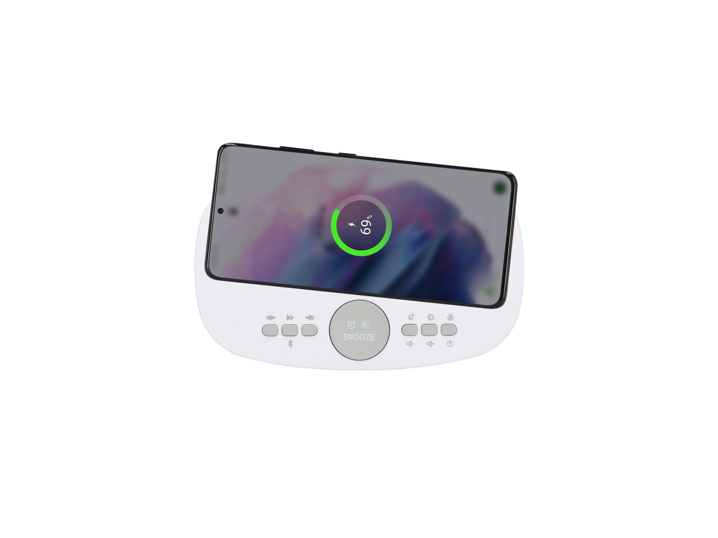 Ein kompaktes Babyphone-Display mit einer kreisförmigen Statusanzeige, die 69% Batterie oder Ladung anzeigt.