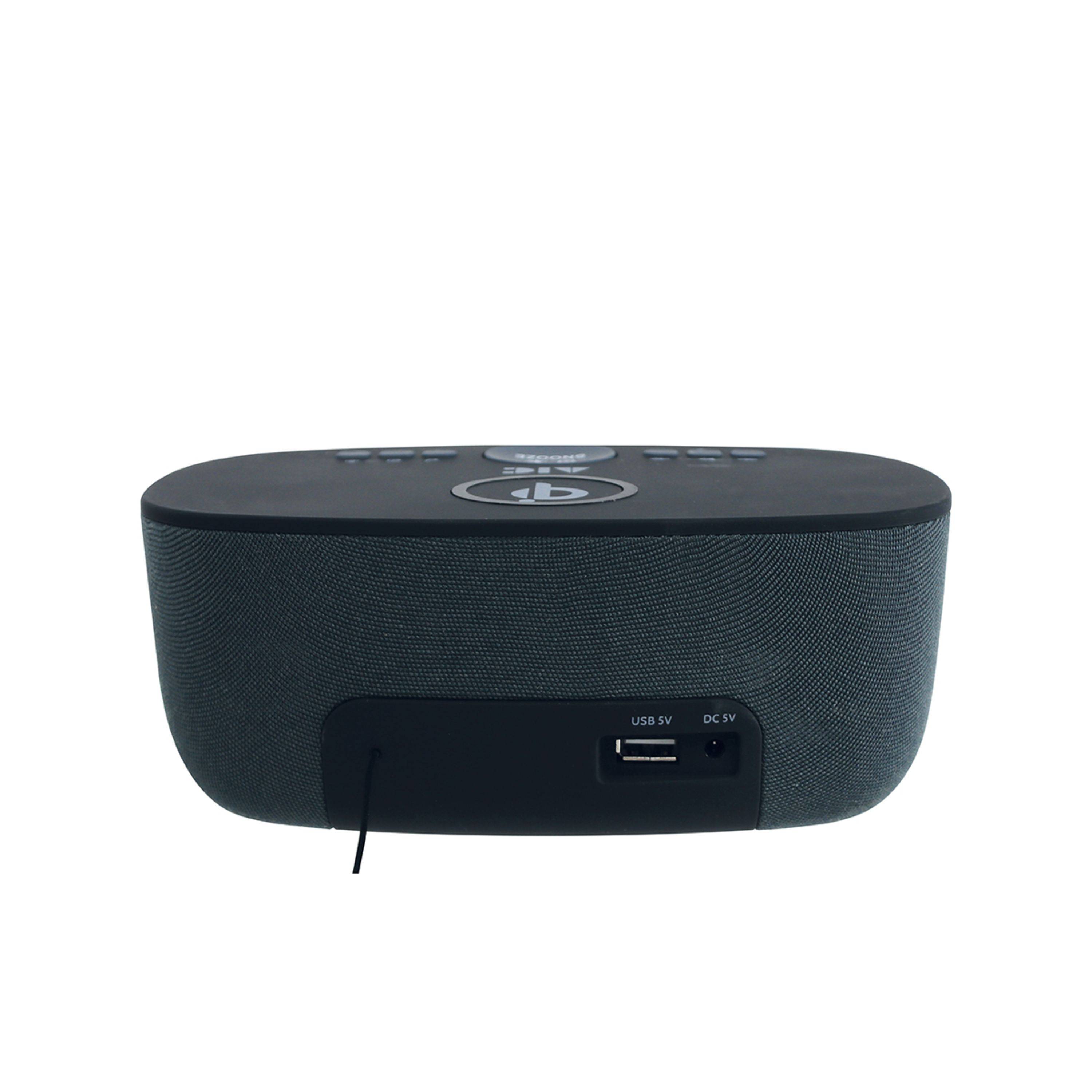 Tragbarer schwarzer Bluetooth-Lautsprecher mit USB-5V- und DC-5V-Ladeanschlüssen auf der Rückseite auf weißem Hintergrund