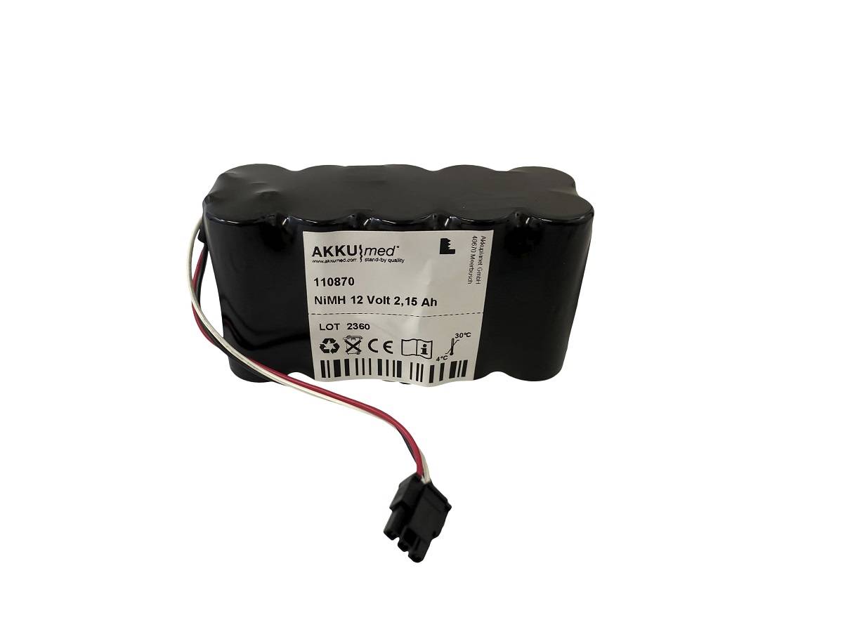 Schwarzes wiederaufladbares Batteriepacks mit einem beschrifteten Anschlussdraht, auf weißem Hintergrund dargestellt.