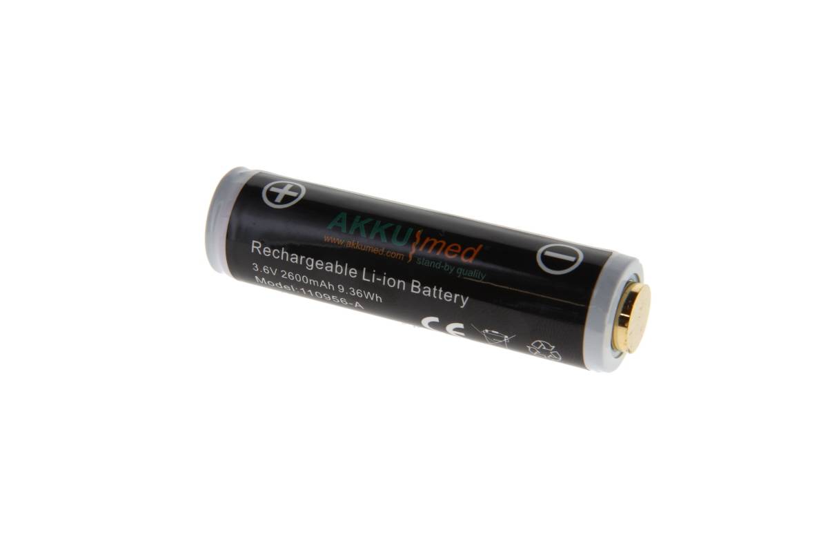 Eine schwarze wiederaufladbare Lithium-Ionen-Batterie mit der Bezeichnung 