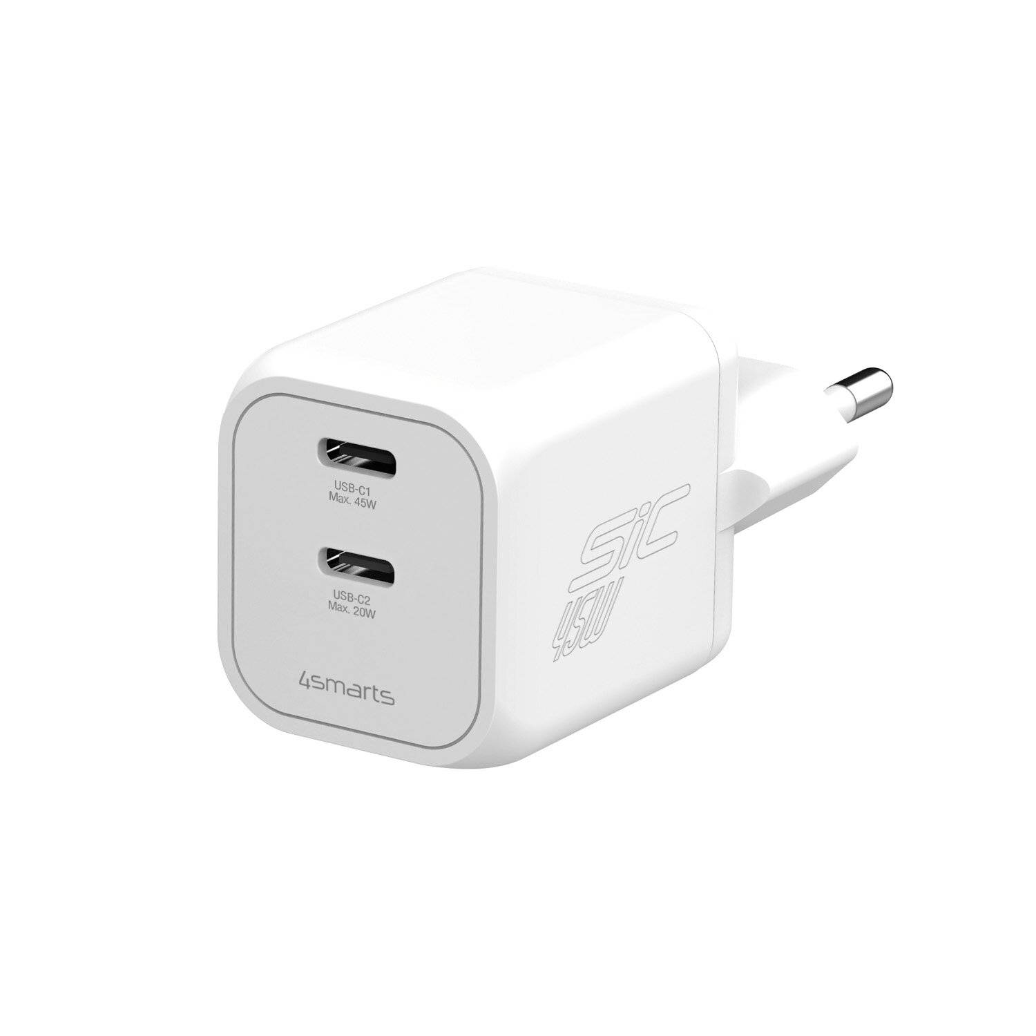 Weißes 45W-Wandladegerät mit zwei USB-C-Anschlüssen und europäischem Stecker, gekennzeichnet mit 4smarts und STC, auf weißem Hintergrund abgebildet.