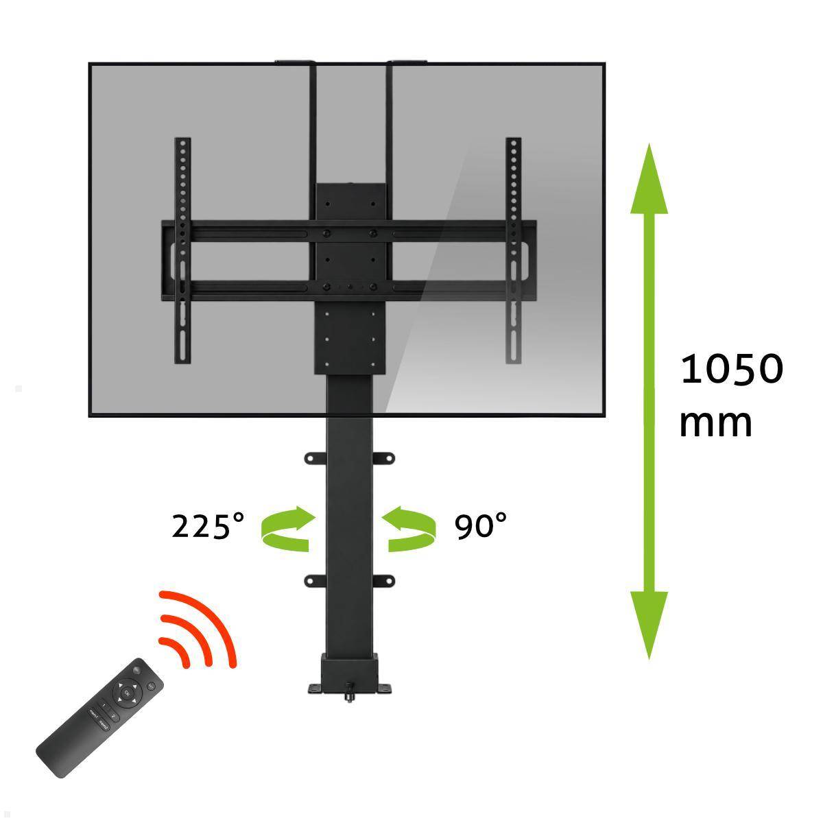 Diagramm einer motorisierten TV-Halterung mit Fernbedienung, das eine 225°- und 90°-Drehung sowie einen Höhenverstellbereich von 1050 mm zeigt.