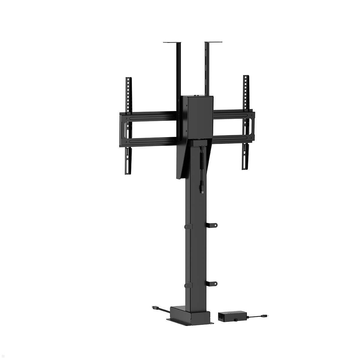 Schwarze motorisierte TV-Halterung auf einem Standfuß mit verstellbaren horizontalen Halterungen und einer separaten Fernbedienung mit Stromversorgung auf weißem Hintergrund.
