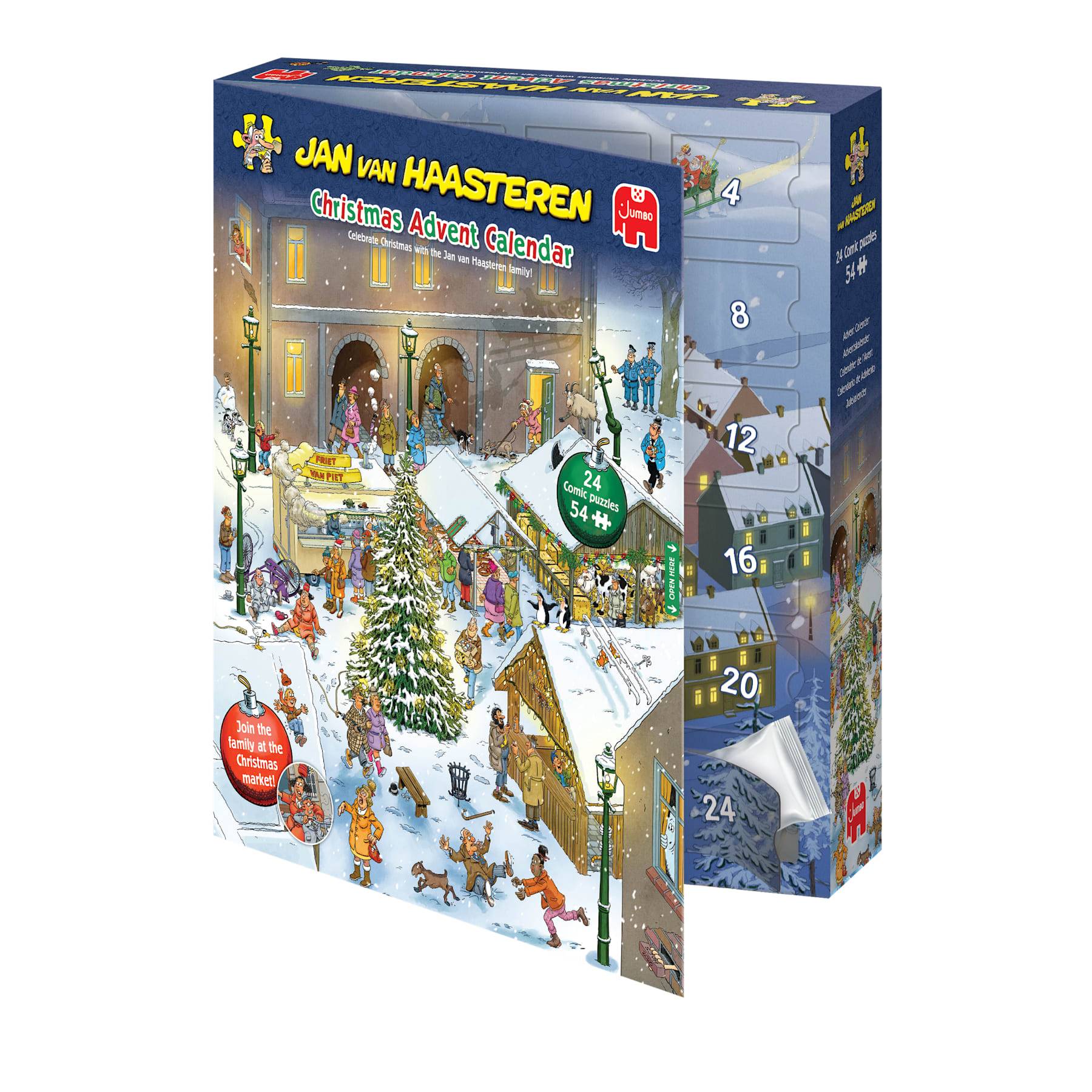Jan van Haasteren Weihnachts-Adventskalender-Schachtel mit einer verschneiten festlichen Dorfszene und nummerierten Türen 4, 8, 12, 16, 20 und 24.