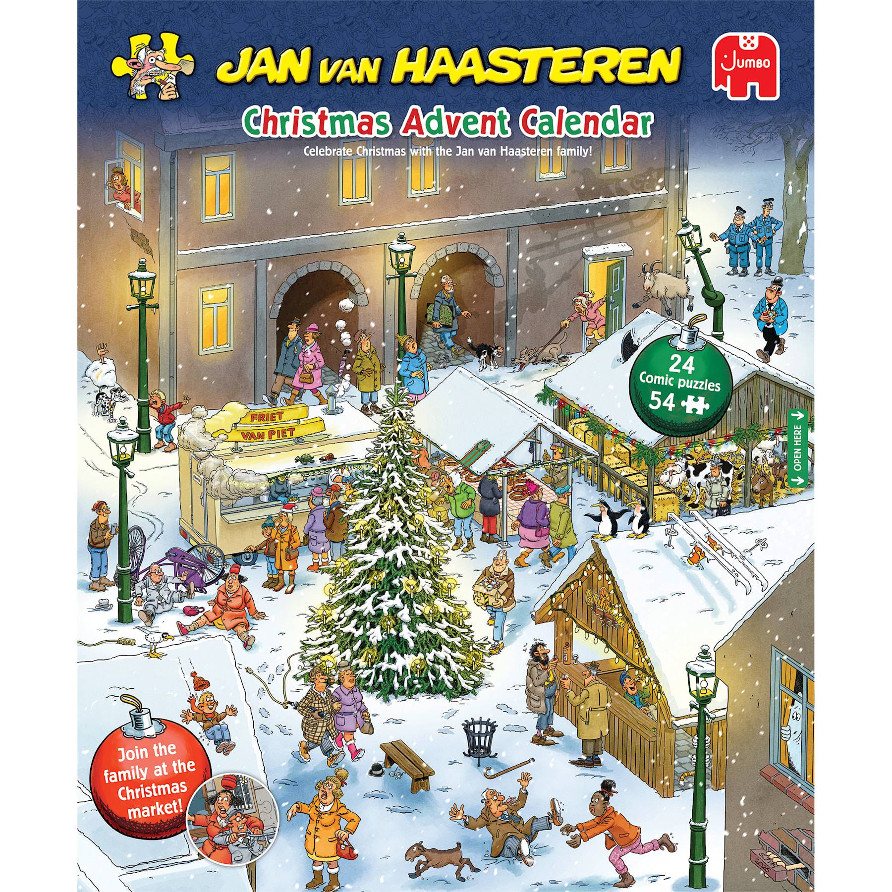 Illustrierte Weihnachts-Adventskalender-Abdeckung mit einem verschneiten Stadtmarkt mit Menschen, Ständen, einem Baum und einem '24 Comic-Rätsel 54+'-Abzeichen.