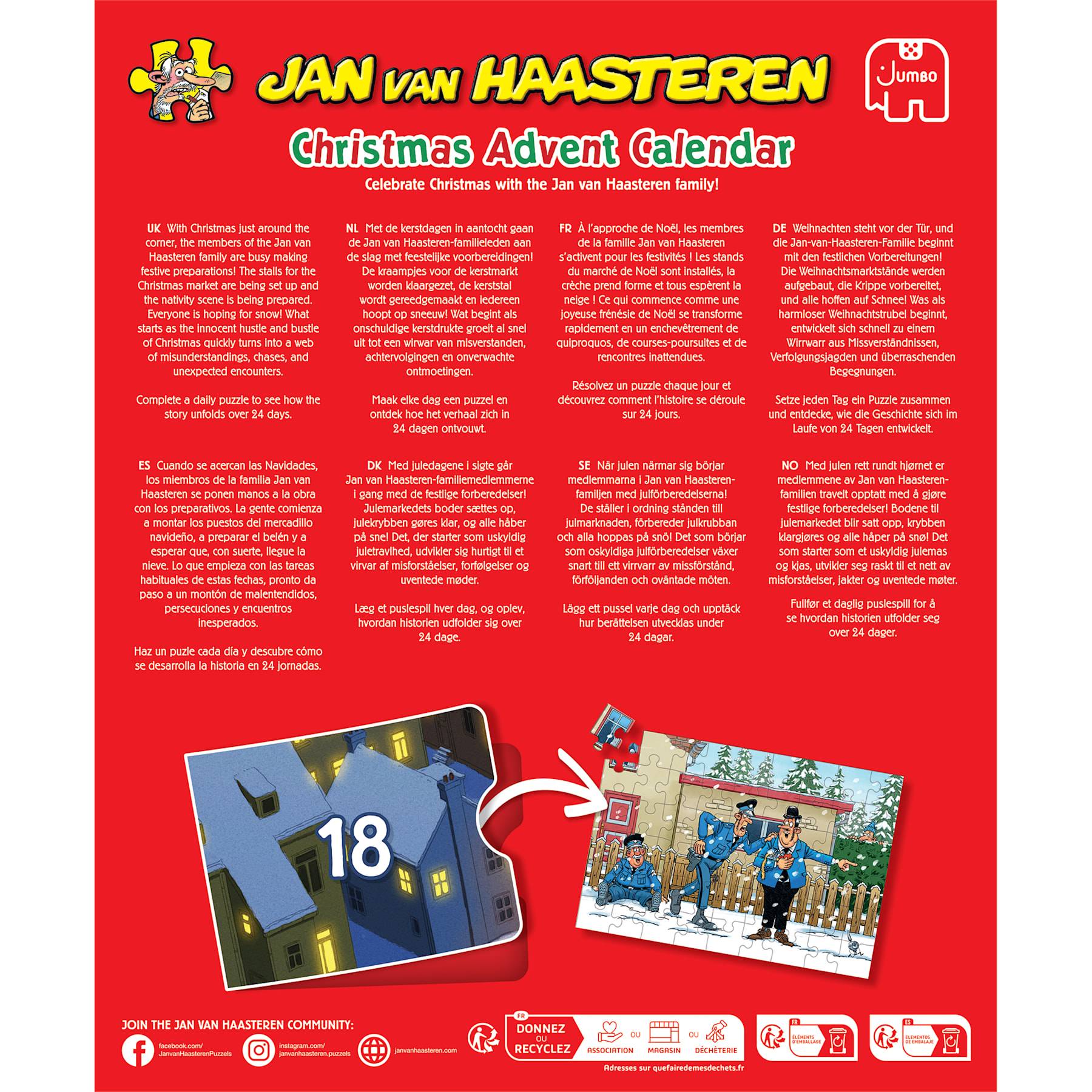 Jan van Haasteren Weihnachts-Adventskalender Schachtelkunstwerk mit Produktdetails und einer Vorschau von zwei illustrierten Puzzleszenen, die durch einen Pfeil verbunden sind.