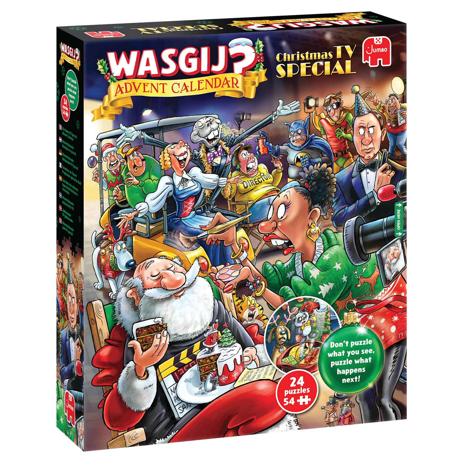 WASGIJ Adventskalender Weihnachten IV Spezialbox mit Cartoon-Puzzleszenen mit dem Weihnachtsmann, Elfen und festlichem Chaos; 24 Puzzles mit je 54 Teilen.