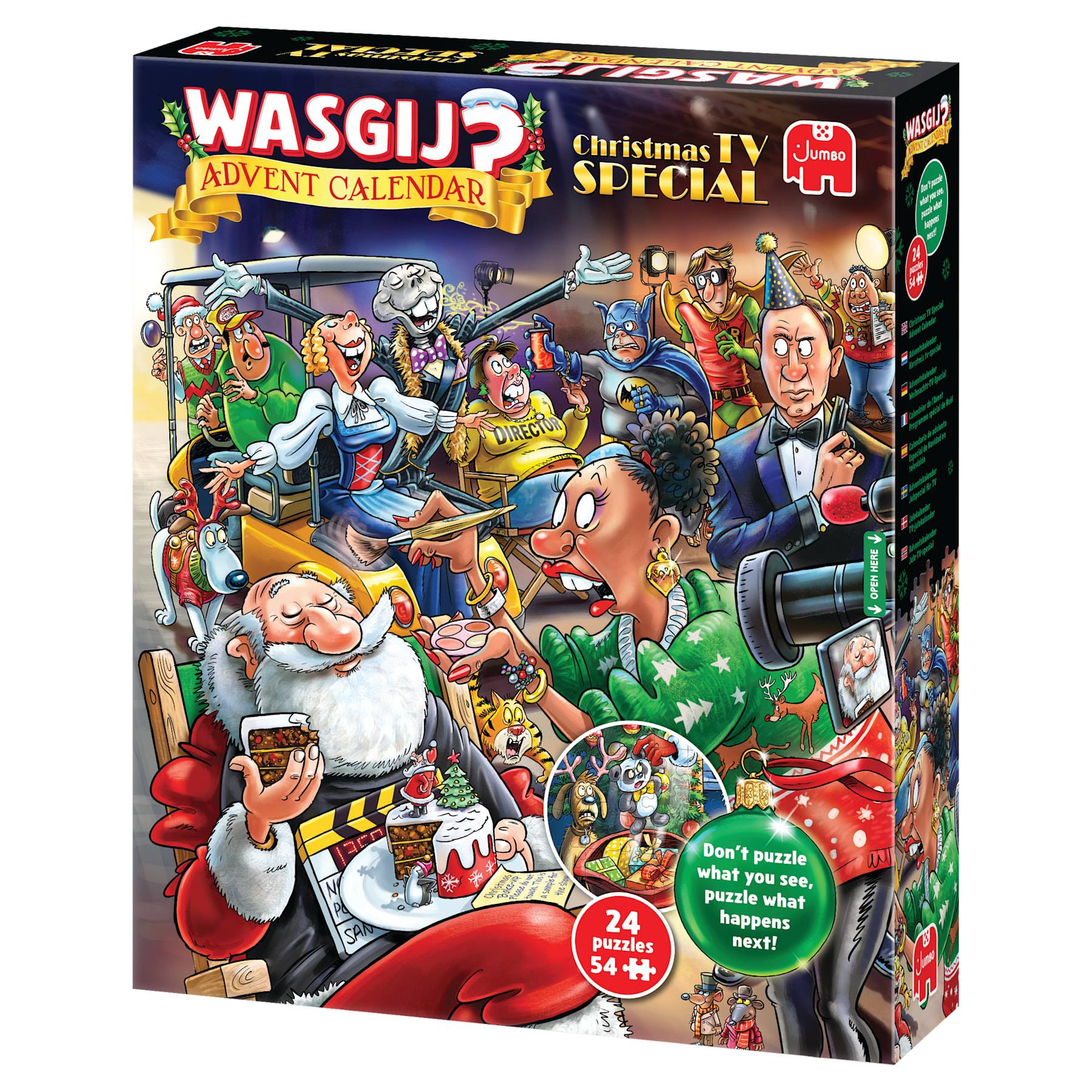 Schachteln des "WASGIJ? Adventskalender Weihnachten IV Special"" Puzzlespiels, das eine farbenfrohe Cartoon-Weihnachtsszene mit dem Weihnachtsmann und anderen Charakteren zeigt.