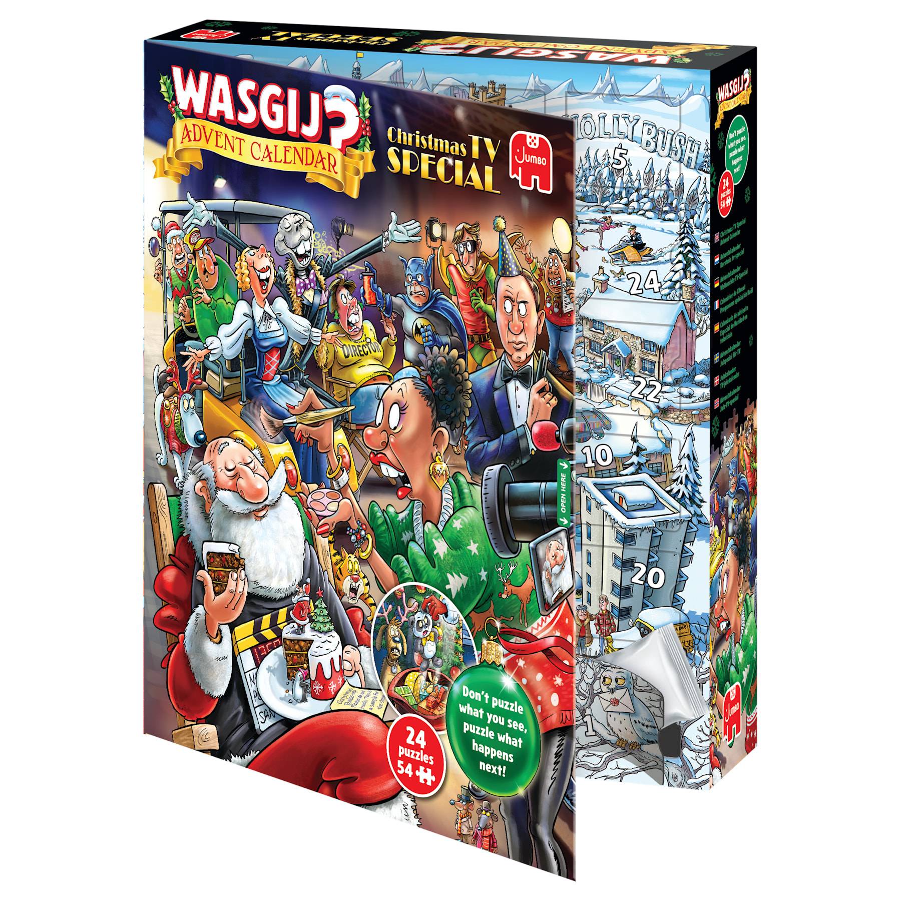 Schachtelbild für „Wasgij? Adventskalender" Weihnachts-TV-Special, das eine überfüllte festliche Cartoon-Szene mit nummerierten Puzzle-Fenstern auf einem schneebedeckten Dorf-Seitenpaneel zeigt.