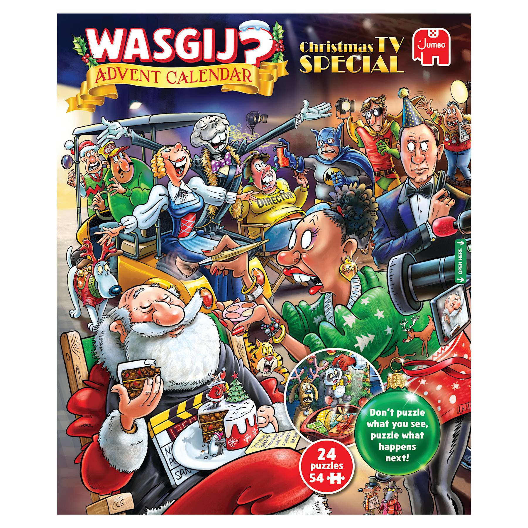 Umschlaggestaltung für „WASGIJ? Adventskalender" Weihnachts-TV-Special, das eine chaotische festliche Szene mit vielen Cartoon-Figuren und der Aufschrift „24 Puzzles 54+"" zeigt.