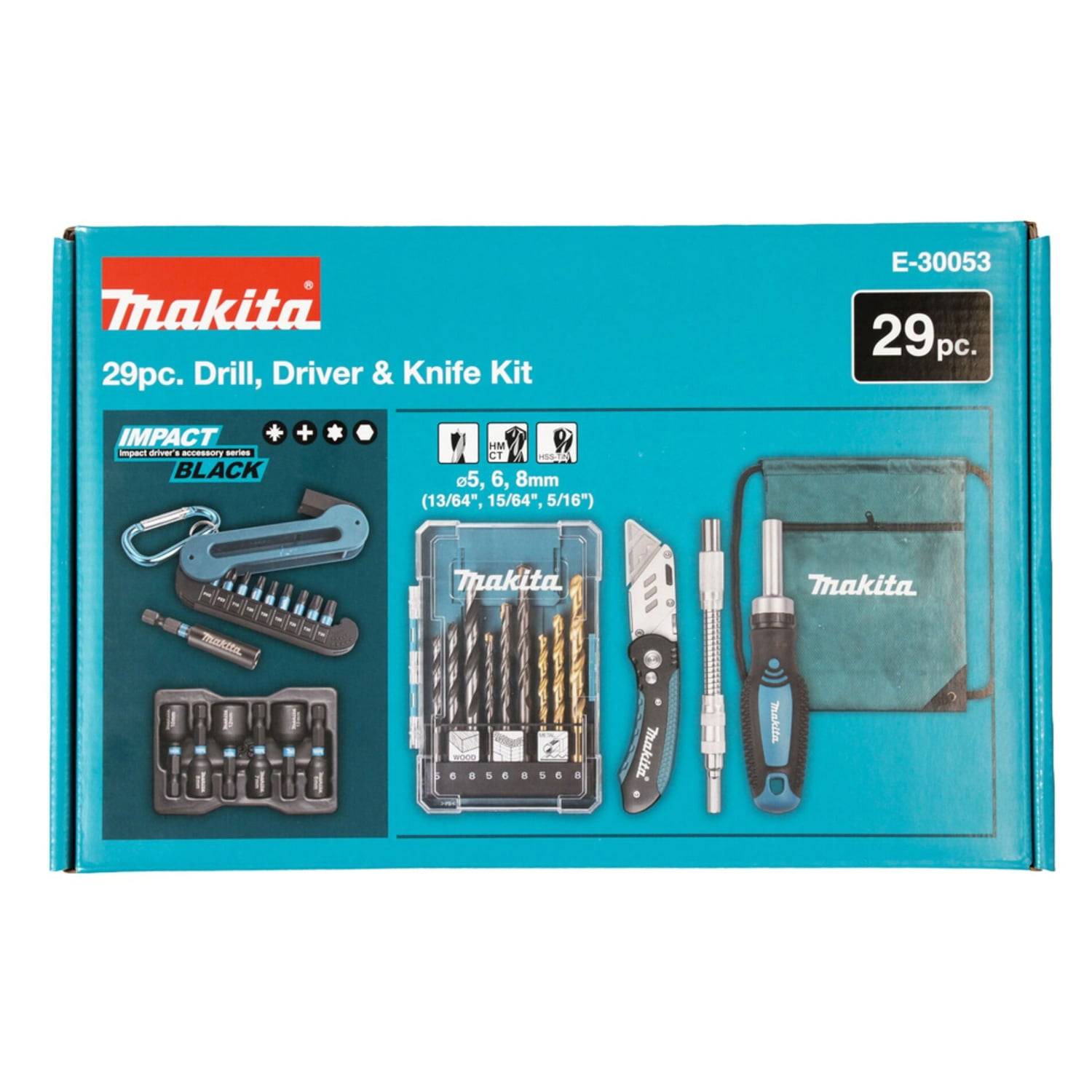 Makita 29-teiliges Bohr-, Schrauber- und Messer-Set in einer türkisboxen, zeigt Bohrspitzen, Schrauber, Messer und Tasche.