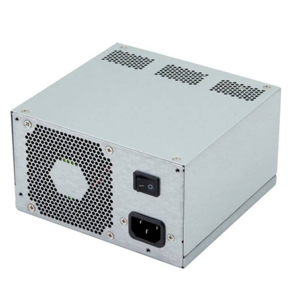 Metallisches Computer-Netzteil mit Lüftergitter, Netzschalter und AC-Eingangsbuchse auf der Frontplatte.