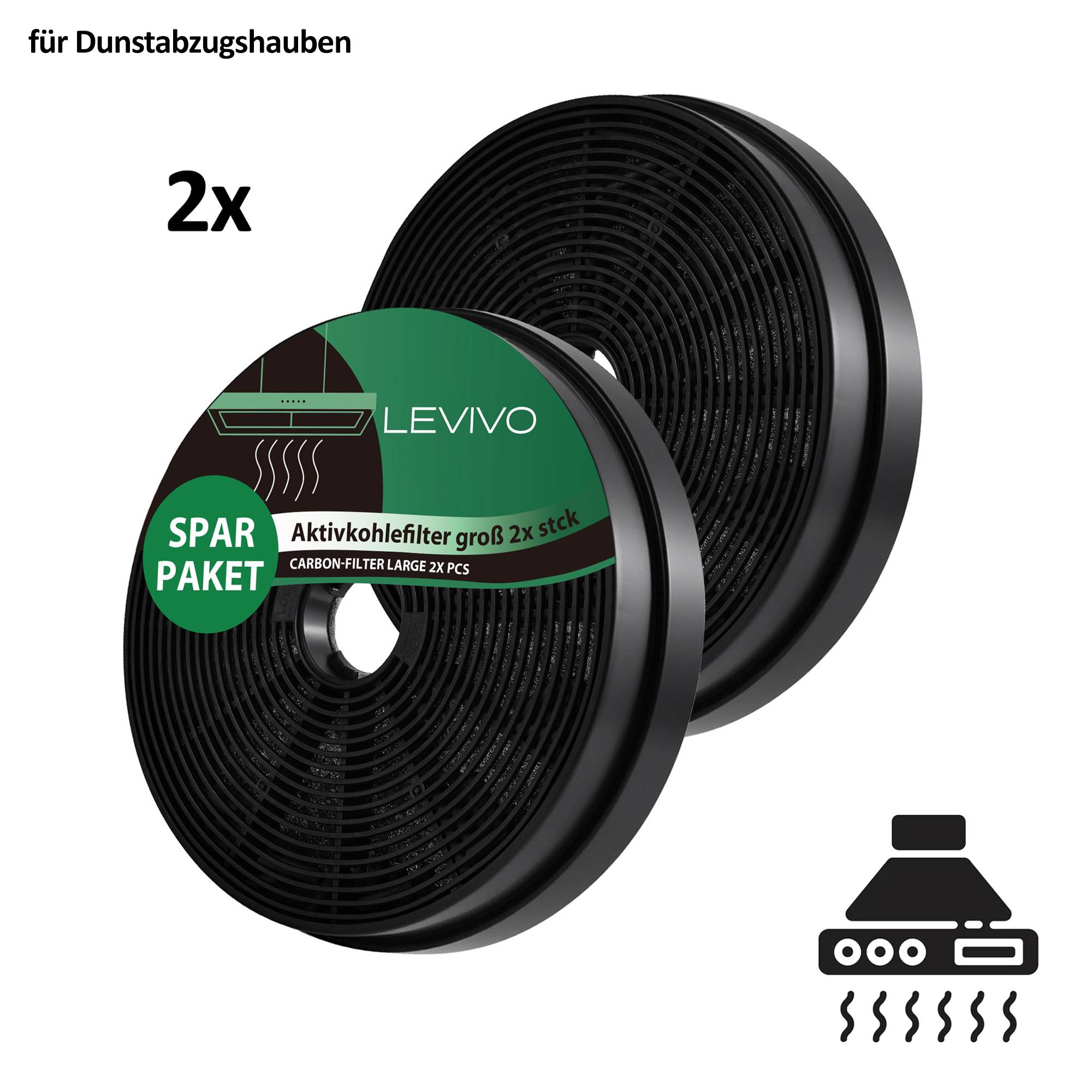 Zwei runde LEVIVO Kohlefilter-Scheiben für Dunstabzugshauben, dargestellt als 2er-Pack mit 