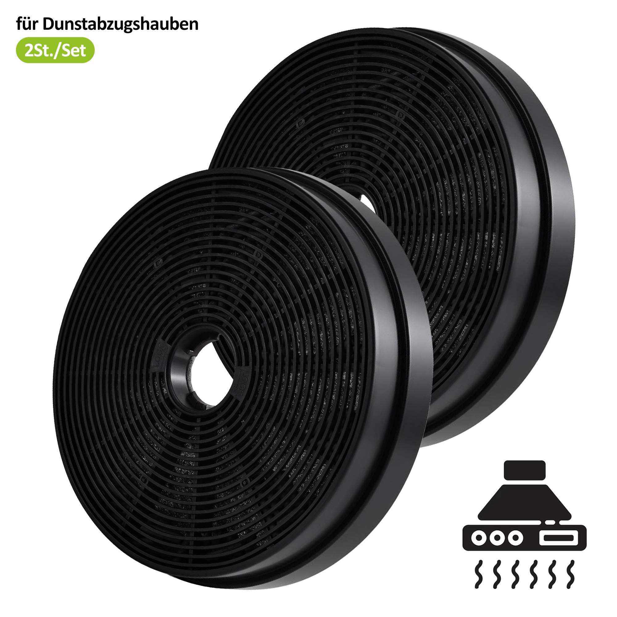 Zwei schwarze runde Aktivkohlefilter für eine Dunstabzugshaube, gekennzeichnet mit „für Dunstabzugshauben