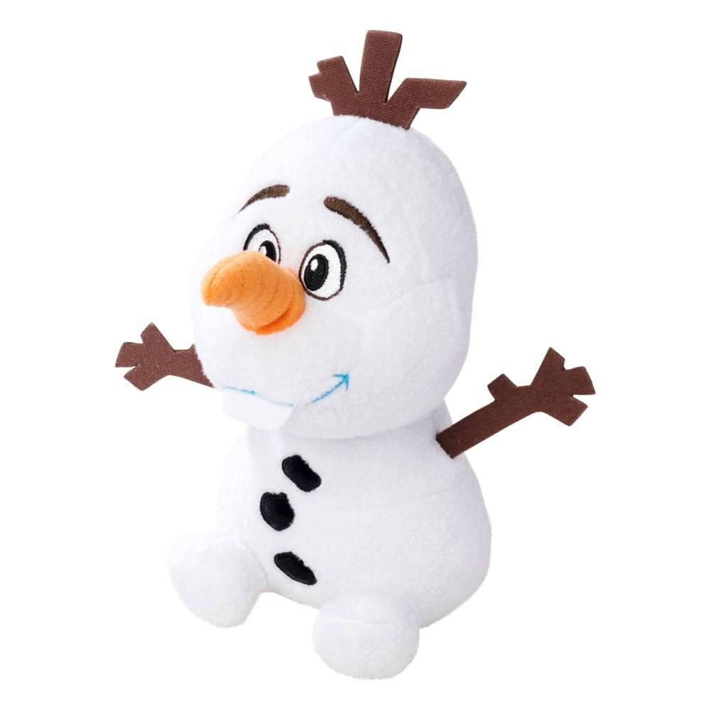 Kuscheliger Olaf-Schneemann-Spielzeug mit Karottennase, Astärmchen und lachendem Gesicht auf weißem Hintergrund.
