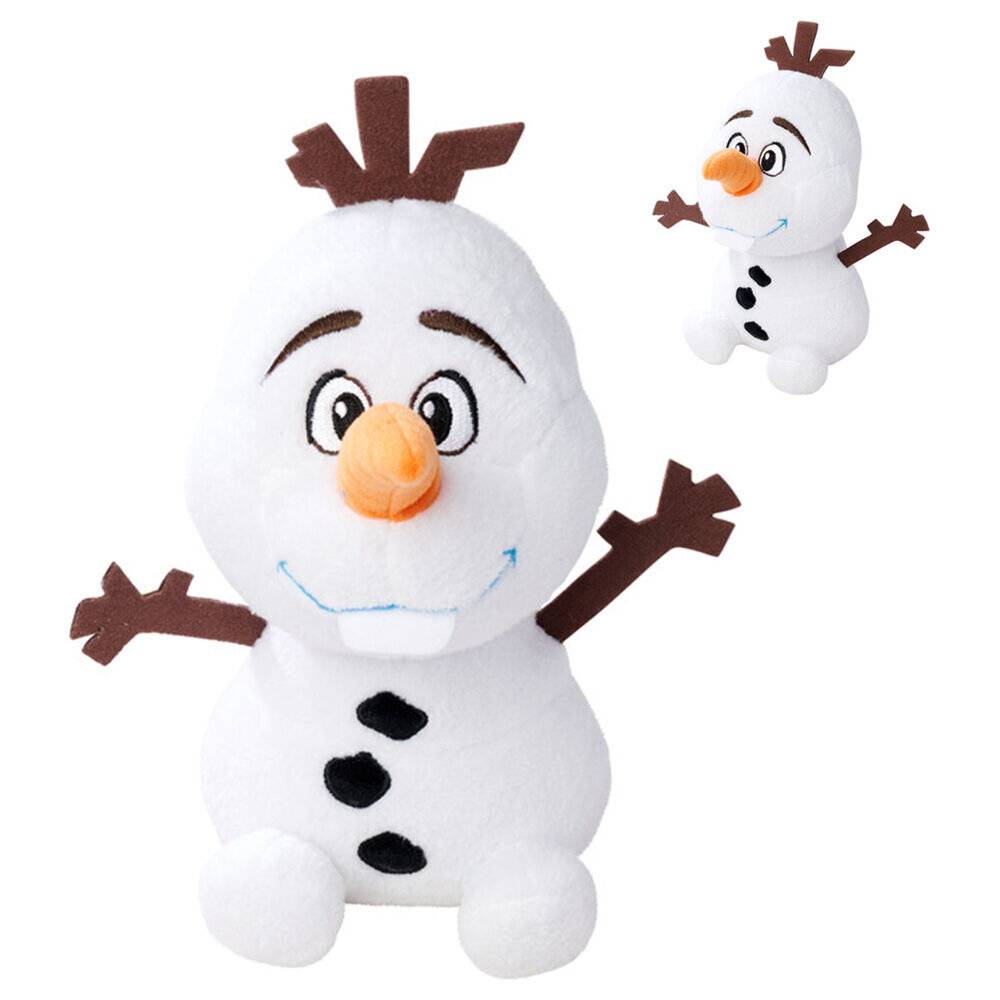 Plüsch-Schneemann Olaf mit ausgestreckten Armen, weißer Körper, orangefarbene Nase und eine kleinere Olaf-Figur in der oberen rechten Ecke.