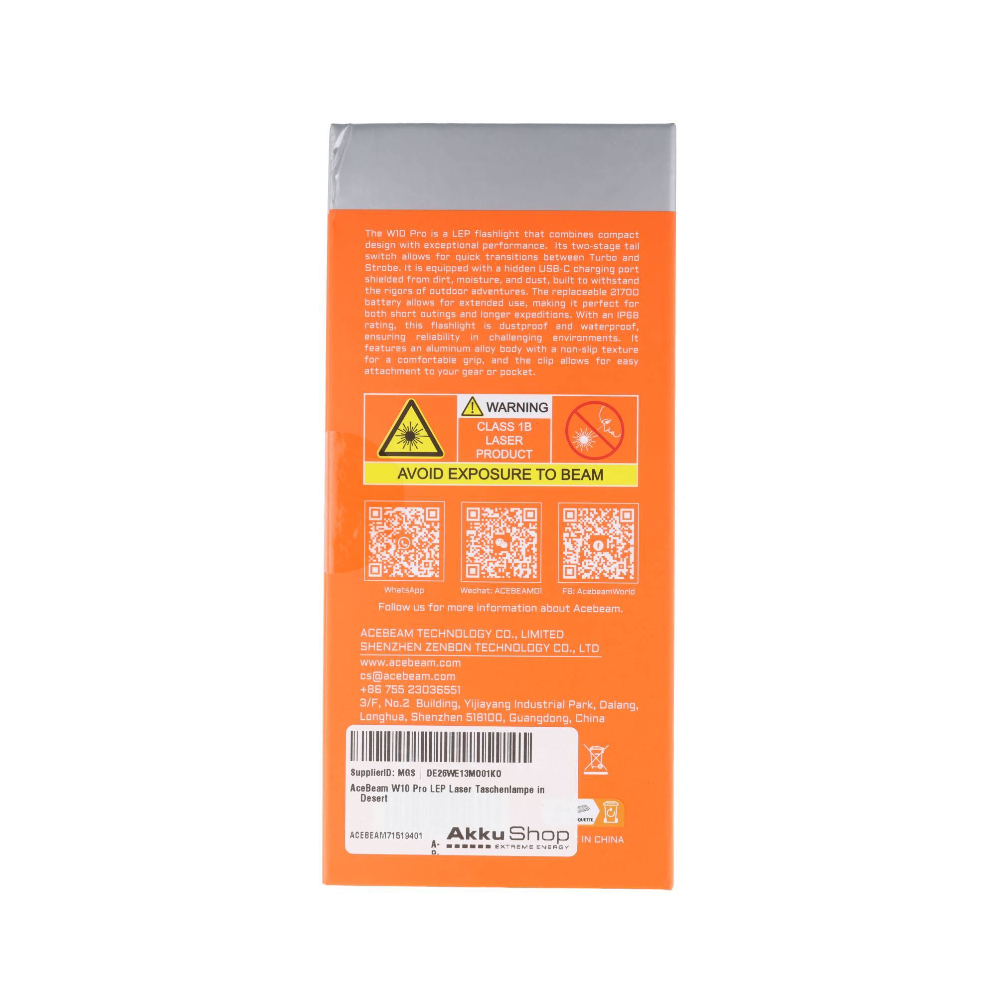 Orange-farbene Produktschachtel für eine Acebeam W19 LEP-Taschenlampe mit Warnbezeichnung 