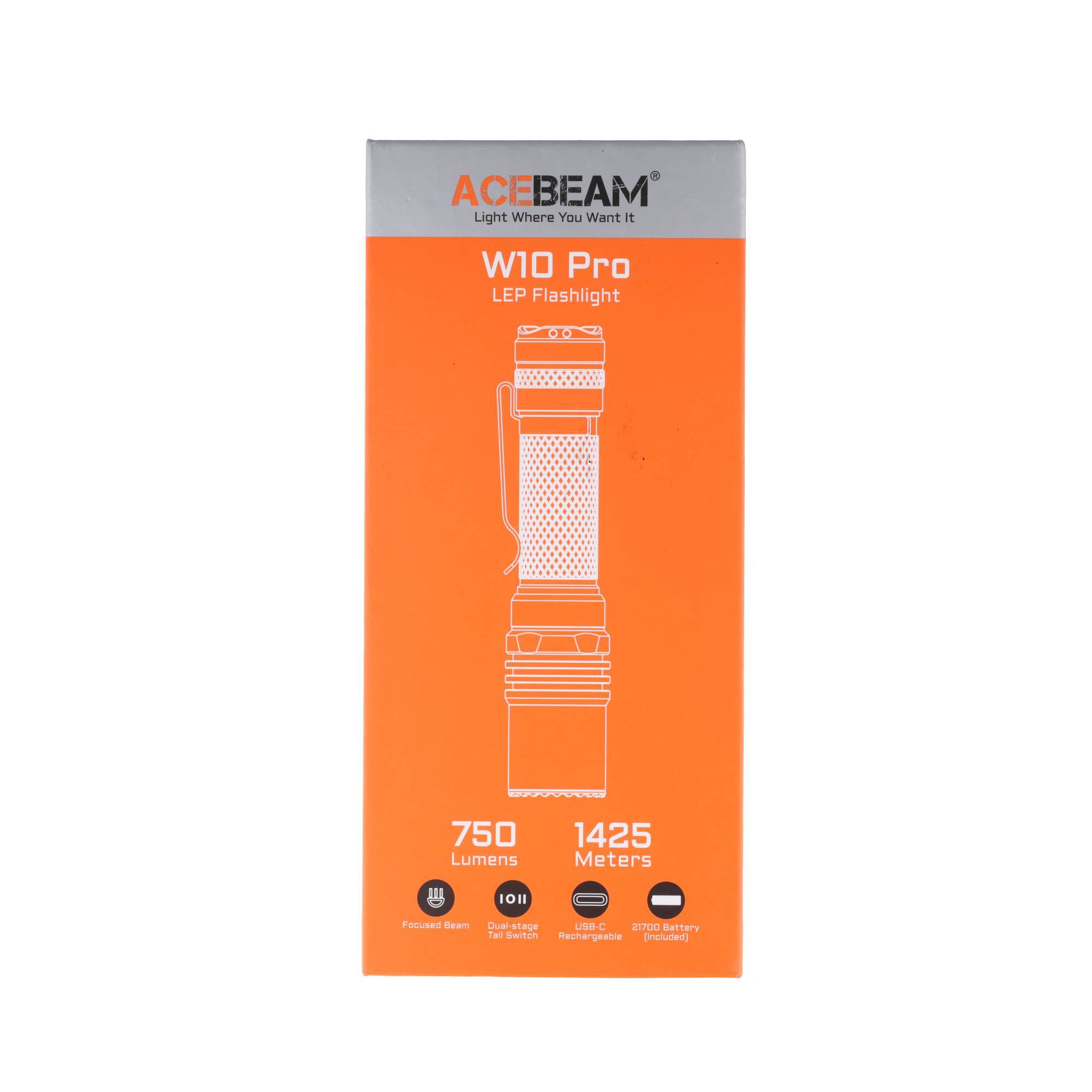 Orange ACEBEAM W10 Pro LEP-Taschenlampe in einer Box mit einer Taschenlampenabbildung, 750 Lumen und 1425 Meter Strahlreichweite.