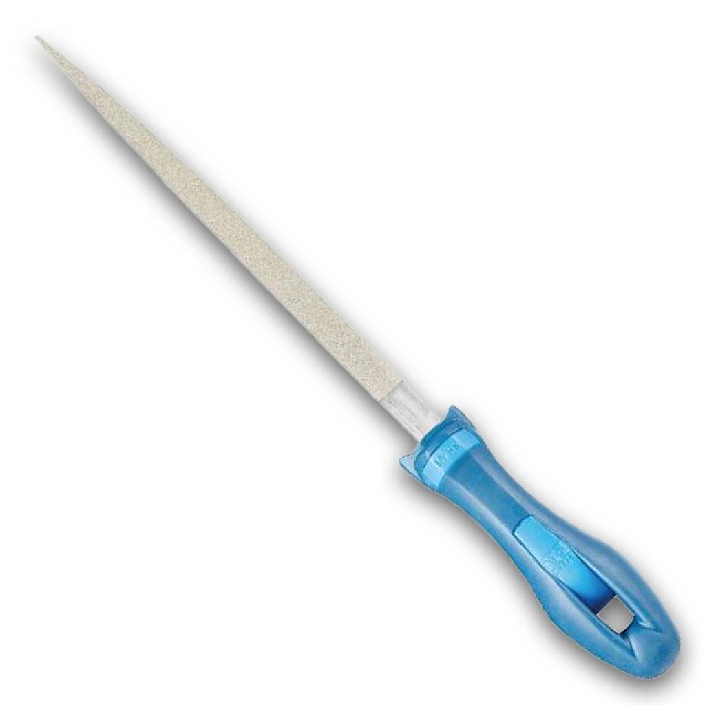 Eine Metalleile mit blauem Griff und einer langen, sich verjüngenden Schleiffläche, gezeigt auf einem einfachen weißen Hintergrund.