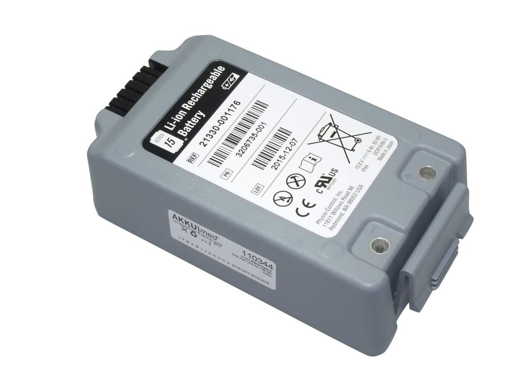 Graues wiederaufladbares Lithium-Ionen-Akkupack mit Etikett und Anschlussklemmen an der Oberseite.