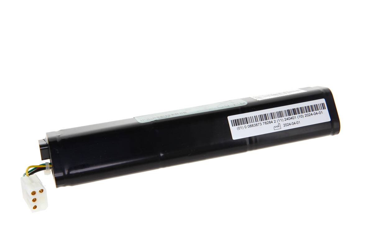 Schwarzes zylindrisches Batteriepaket mit einem weißen Anschluss und Barcode-Etikett auf einfachem Hintergrund.