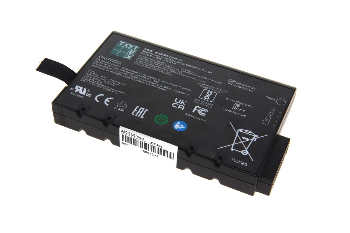 Schwarzes TDX-Elektronik-Akku-Pack mit Warnaufklebern und Zertifizierungszeichen, isoliert auf weißem Hintergrund dargestellt.
