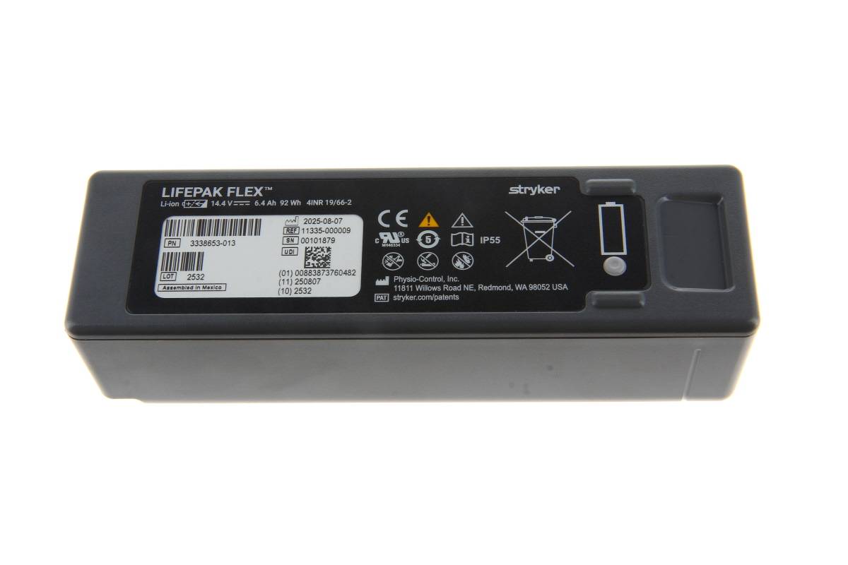Black Stryker LIFEPAK FLEX Akku-Pack auf weißem Hintergrund dargestellt, mit sichtbaren Beschriftungen und Ladesymbolen.