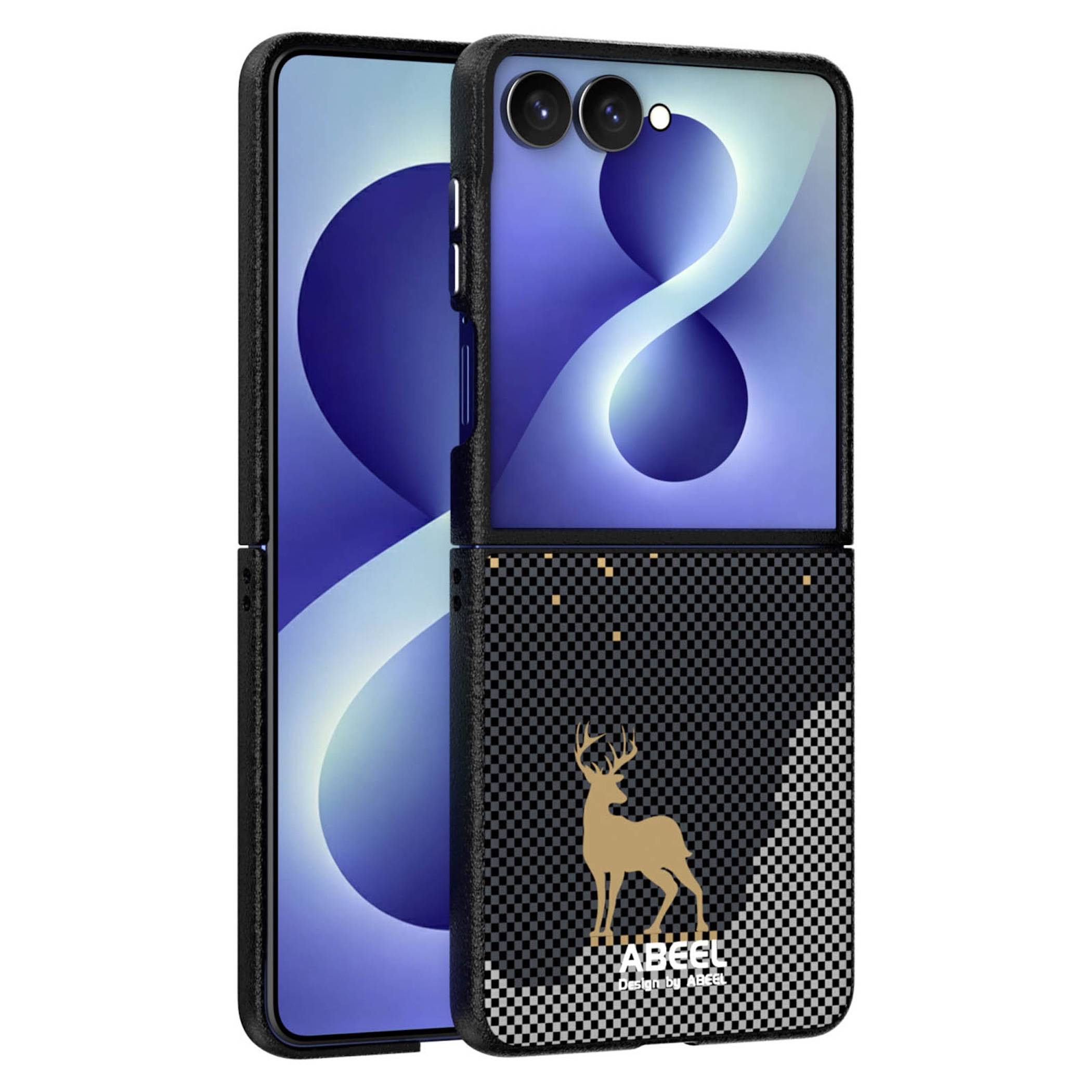 Zwei Smartphones in schwarzen Schutzhüllen, eines mit einem Hirsch-Logo und „ABCEL