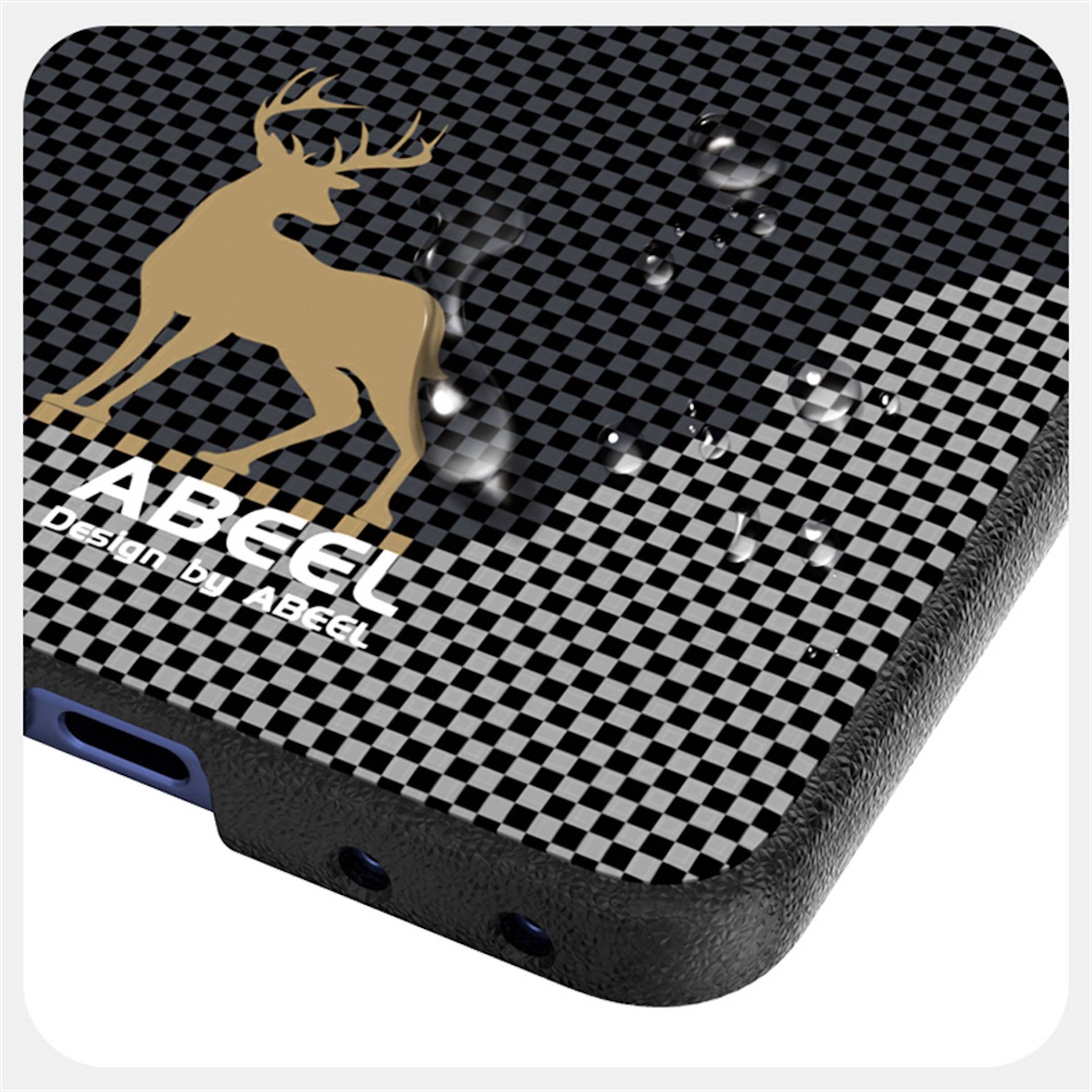 Schwarzweiß kariertes Handyschutzhülle mit goldenem Hirsch-Logo und „ABEEL