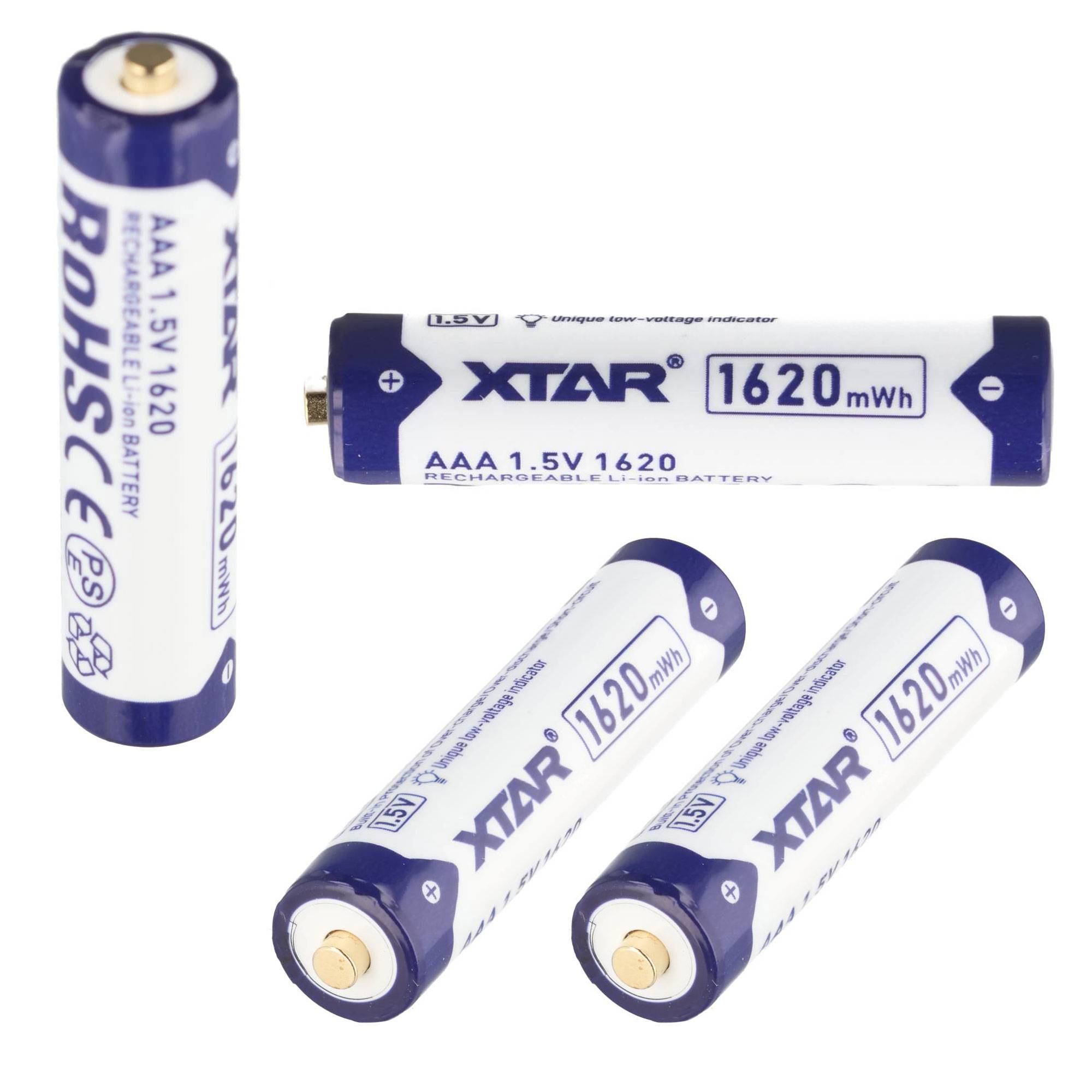 Vier AAA-Akkus auf weißem Hintergrund, mit der Bezeichnung XTAR, 1,5V, 1620mWh.