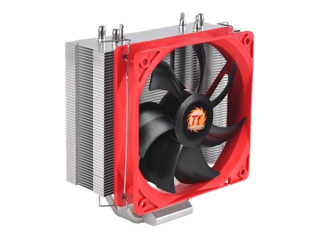 CPU-Kühler für Computer mit einem rotgerahmten Lüfter, der an einem Metall-Kühlkörper befestigt ist.