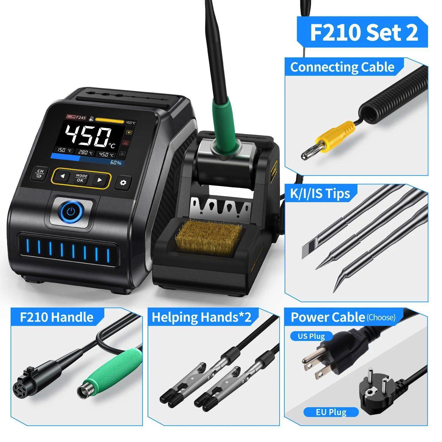 F210 Set 2 Lötstation mit digitalem Display, Griff, Löthilfe, Verbindungskabel, K/I/IS-Spitzen und wählbarem US- oder EU-Stromkabel.