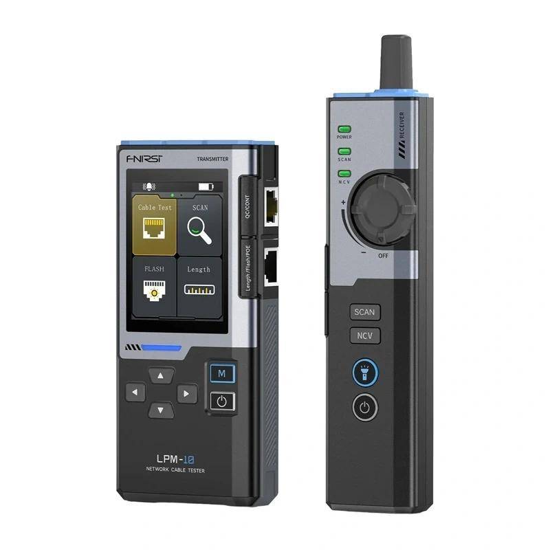 Zwei Ansichten eines FNIRSI LPM-18 Netzwerkkabeltesters mit Touchscreen, Kabelscans- und Blitztest-Symbolen, Navigationstasten und Messsonde.