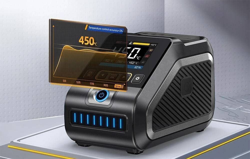 Kompaktes schwarzes tragbares elektronisches Gerät mit digitaler Anzeige und leuchtenden blauen Leuchtleisten, dargestellt mit einem Temperaturkontrollbildschirm, der 450°C anzeigt.