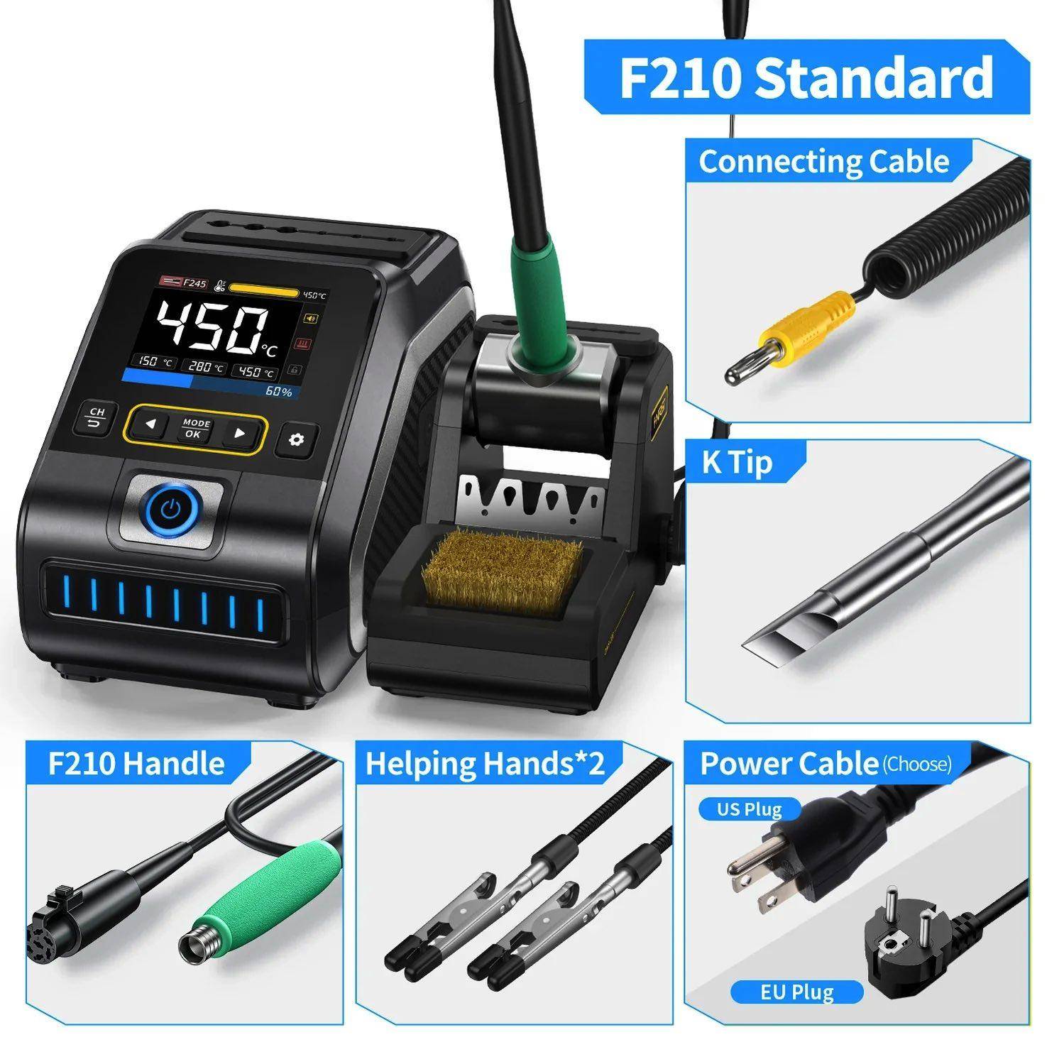 F210 Lötstation mit digitaler Temperaturanzeige, Handstückhalter, Verbindungskabel, K-Spitze, Griff, Hilfsarmen und US-/EU-Stromkabeloptionen.