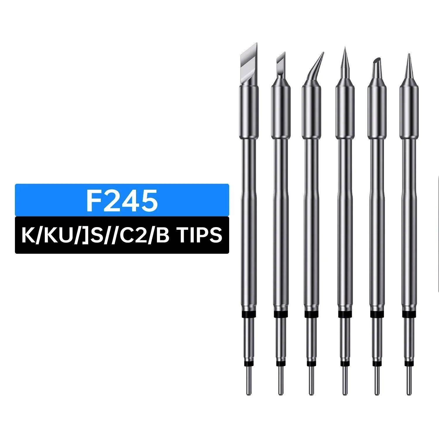 F245 K/KU/J/S/C2/B Lötspitzensatz, gezeigt als sechs Metall-Ersatzspitzen mit unterschiedlichen Formen.