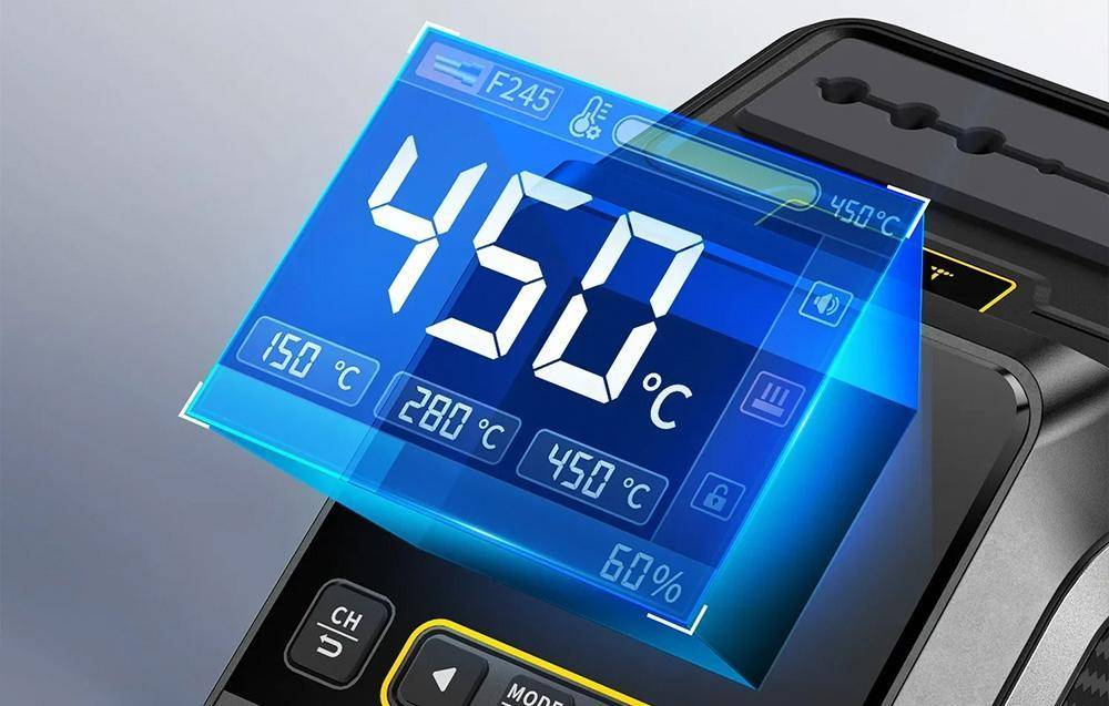 Digitale Thermostatanzeige mit 450°C, mit voreingestellten Temperaturen 150°C, 280°C und 450°C sowie 60% Luftfeuchtigkeit auf einem Gerätebedienfeld.