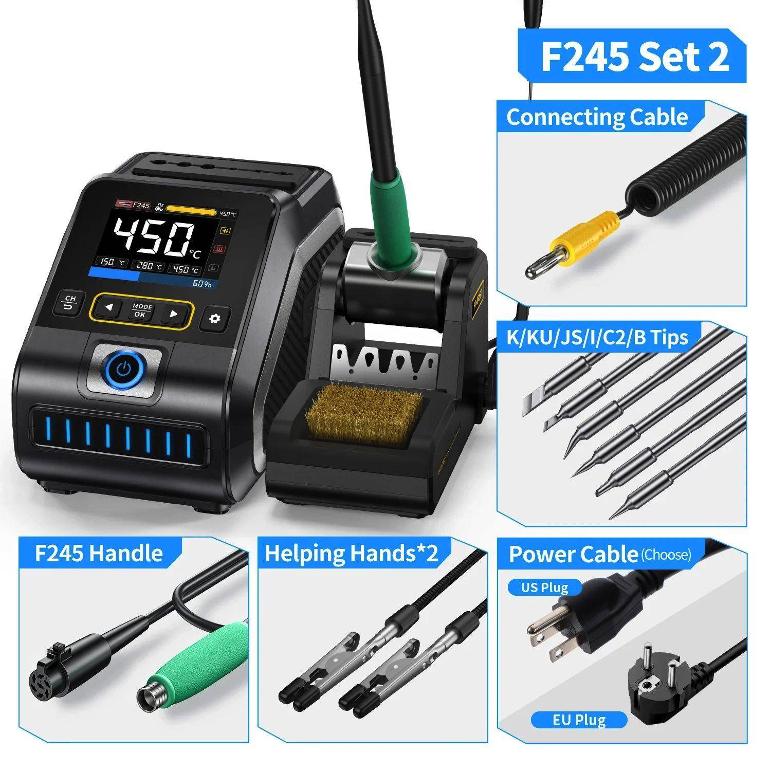 Produktbild eines Lötstation-Sets: digitale Basis mit Lötkolbenhalter, Griff, Verbindungskabel, mehreren Spitzen und Stromkabeloptionen.