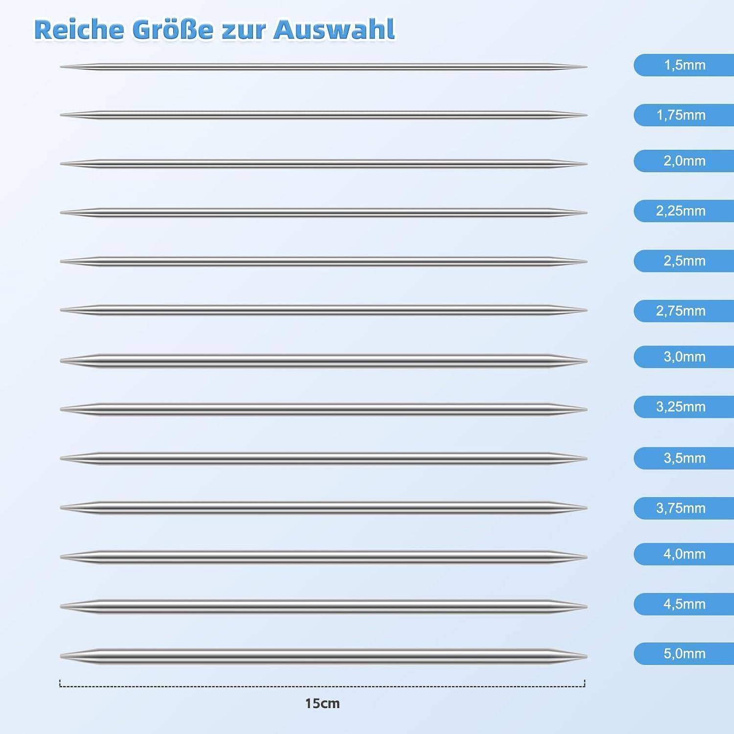 Größentabelle von Stricknadeln mit der Bezeichnung „Reiche Größe zur Auswahl