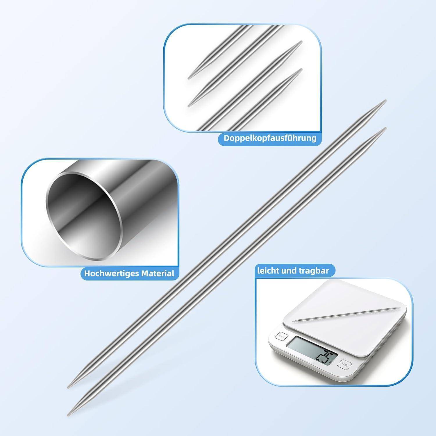 Produktgrafik von Edelstahl-Essstäbchen mit Beschriftungen für 'Doppelkopfausführung', 'Hochwertiges Material' und 'leicht und tragbar', dargestellt mit einer Skala für Portabilität.