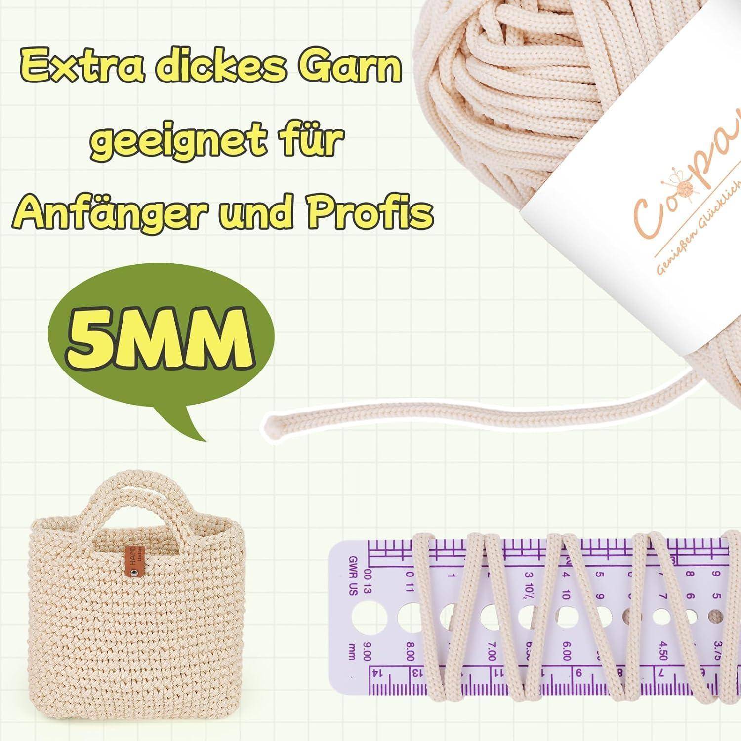Werbebild für extra dickes 5-mm-Garn mit deutscher Beschriftung „Extra dickes Garn geeignet für Anfänger und Profis