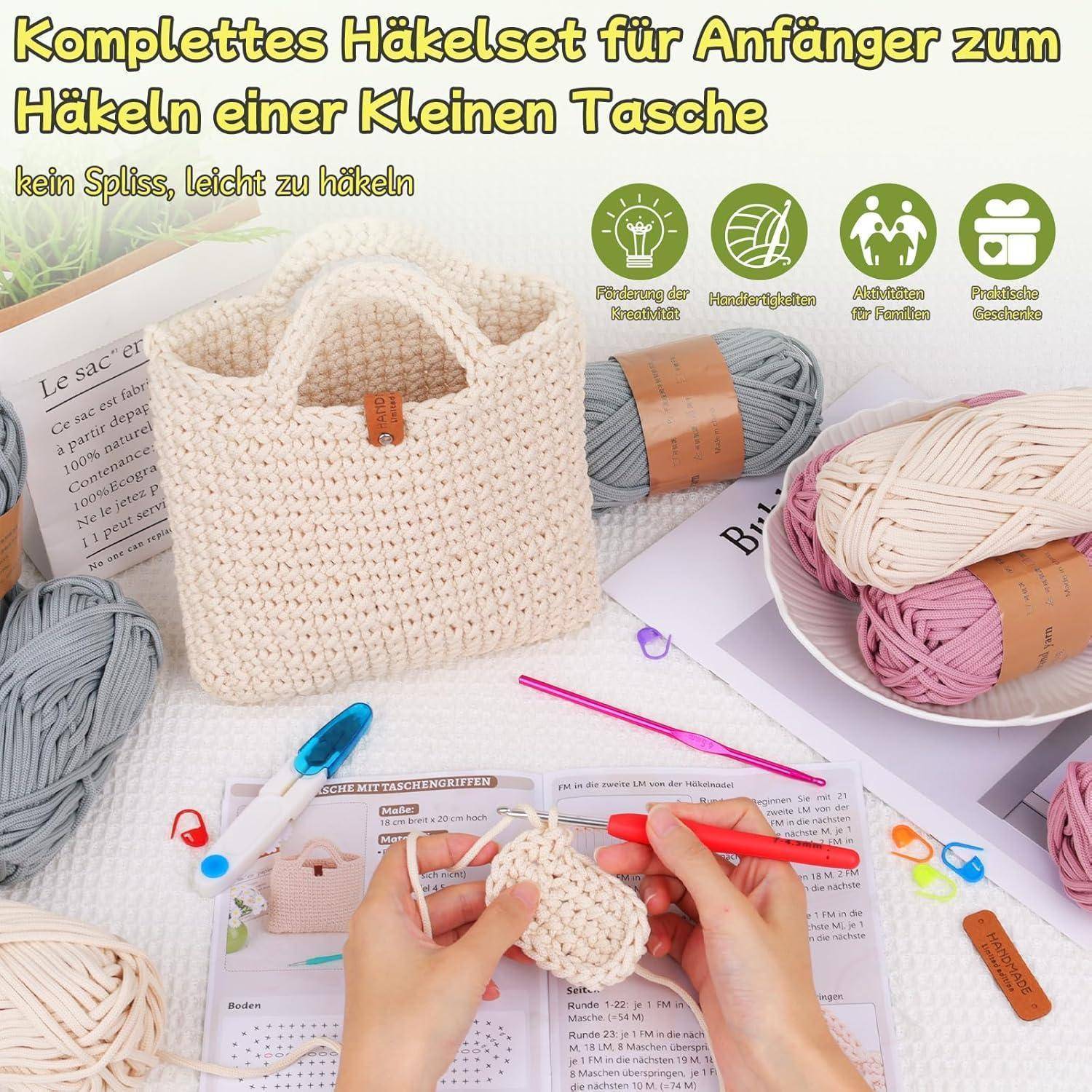 Coopay Häkelset Tasche mit 5mm Wolle und Häkelnadeln 4,5mm Grau