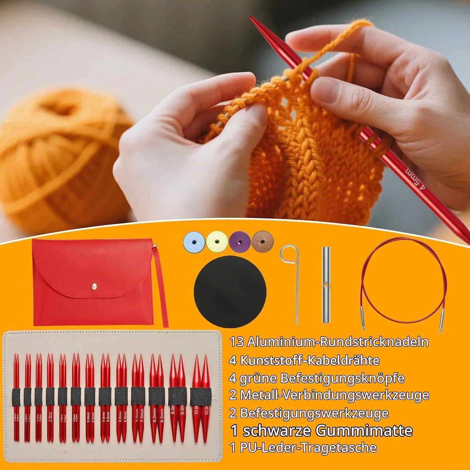 Hände stricken orangefarbenes Garn mit roten Nadeln, daneben eine Grafik mit den enthaltenen Strickaccessoires und deutschem Text, der den Inhalt des Sets auflistet.