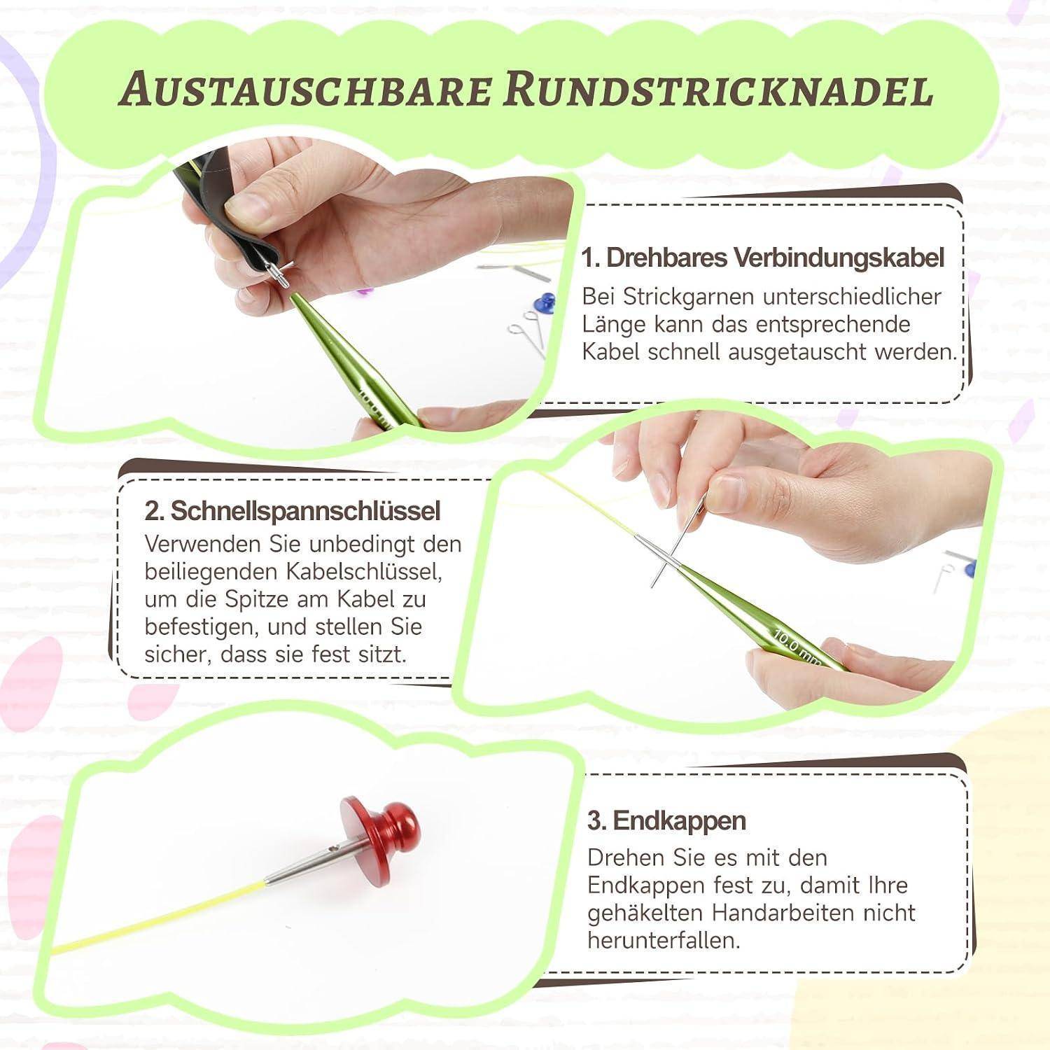 Diagramm zur Erklärung von austauschbaren Rundstricknadeln: 1) drehbares Verbindungskabel für unterschiedliche Fadenlängen, 2) Kabelschlüssel zum sicheren Festziehen des Kabels, 3) Endkappen zum Verhindern, dass Maschen herunterrutschen.