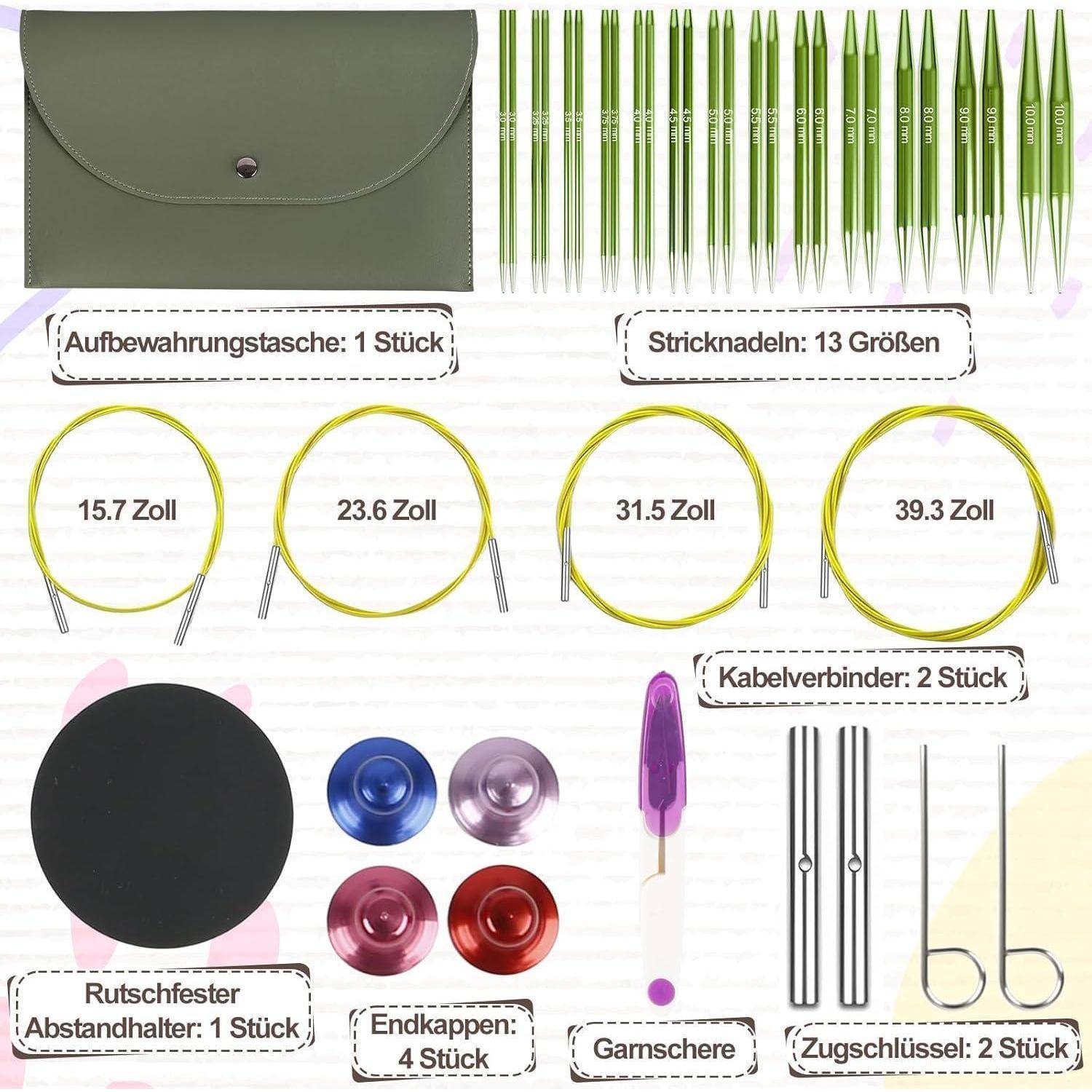 Stricknadel-Set mit Aufbewahrungsbox, 13 Nadelgrößen, vier Kabellängen, Abstandshalter, Endkappen, Garnschere und 2 Kabelschlüssel.