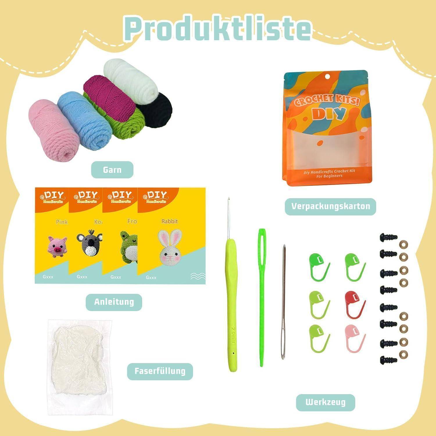 Produktliste für ein DIY-Häkelset mit Garn, Verpackungsbox, Anleitung, Füllmaterial, Häkelhaken, Nadel, Maschenmarkierer, Schrauben und Ringe.