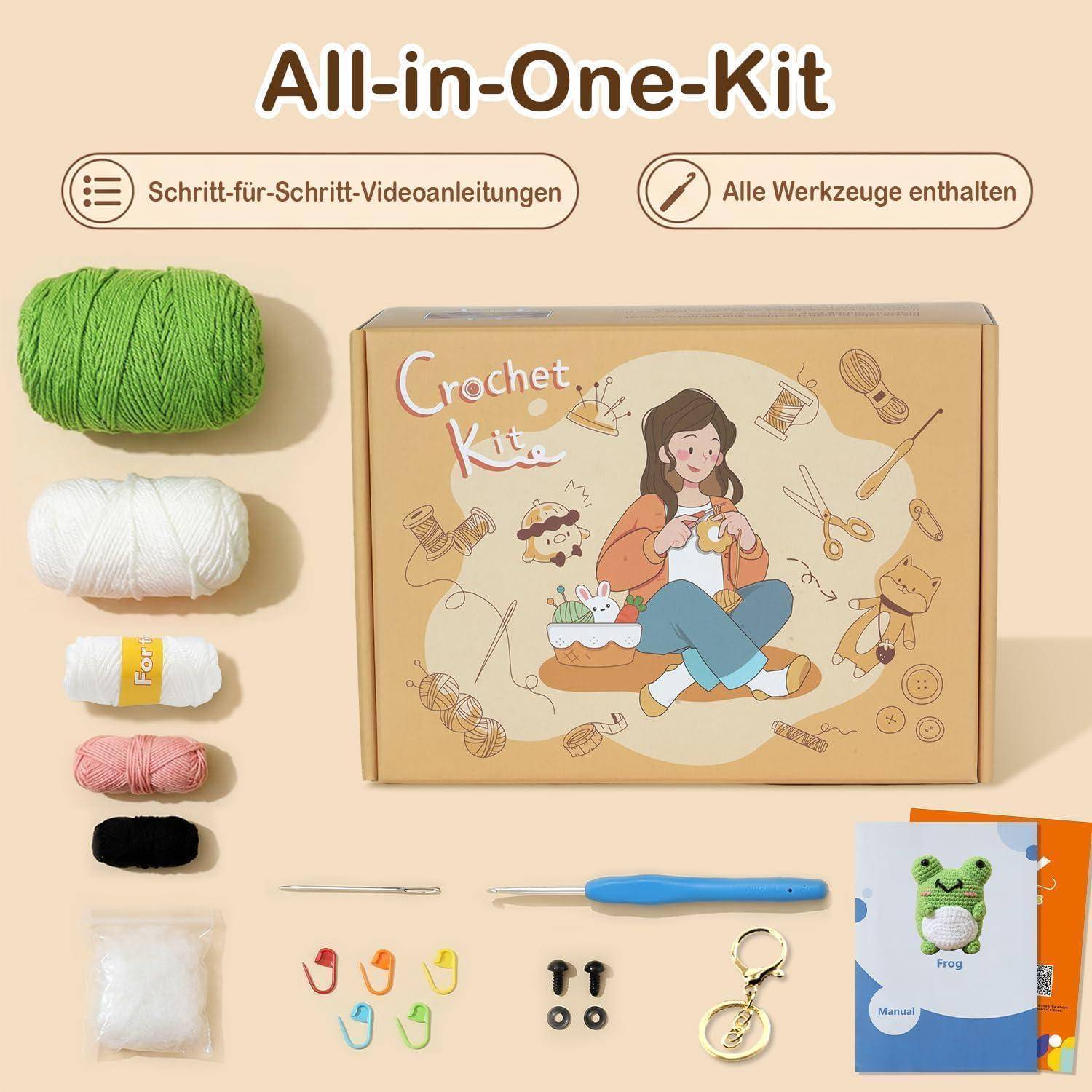 All-in-One-Kit Häkelset mit Garn, Häkelhaken, Maschenmarkierern, Schlüsselanhänger-Werkzeugen und einer Box mit der Aufschrift „Crochet Kit